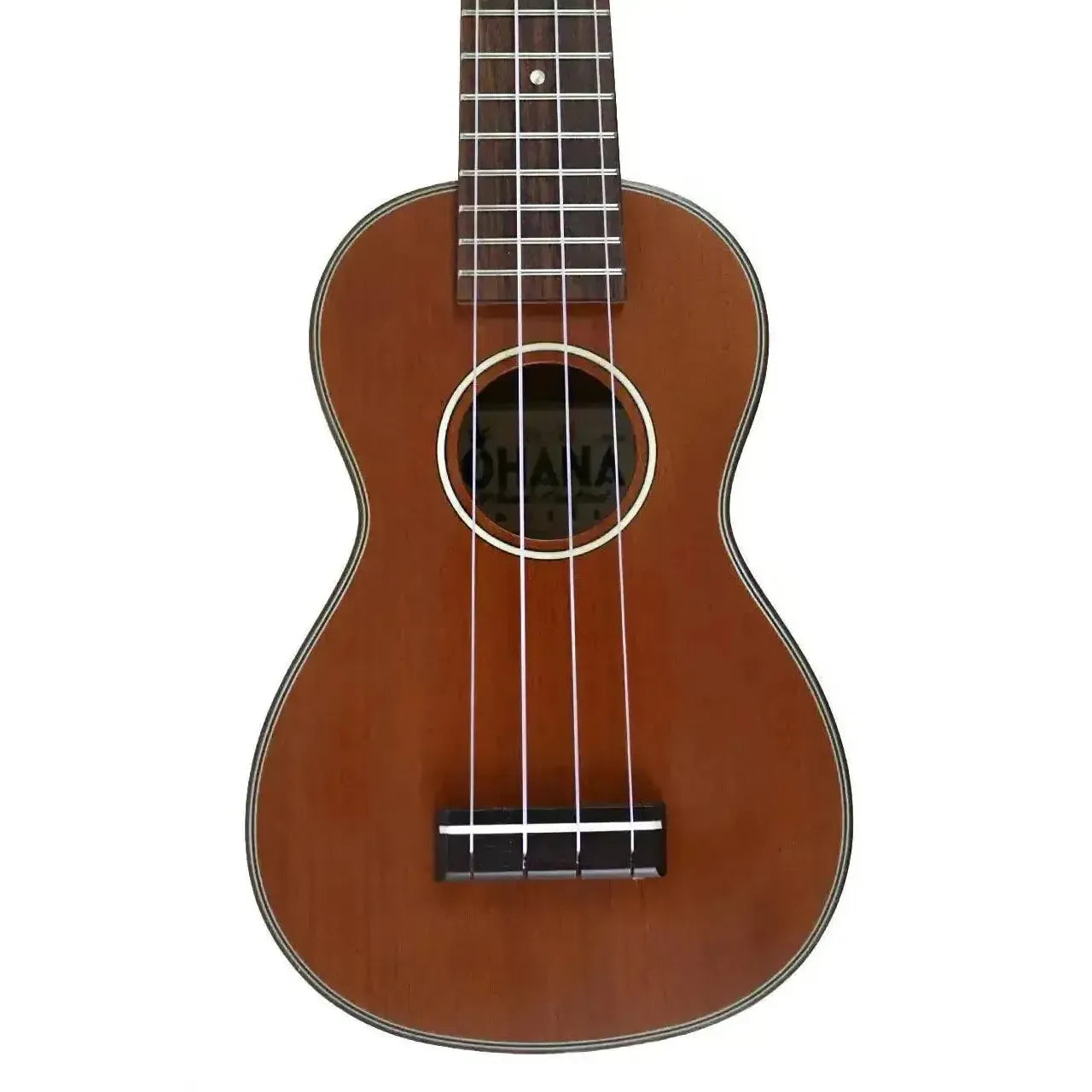 Ohana SK-35 Solid Mahogany Soprano Ukulele with satin finish, black-and-white rosette, and hardwood binding.