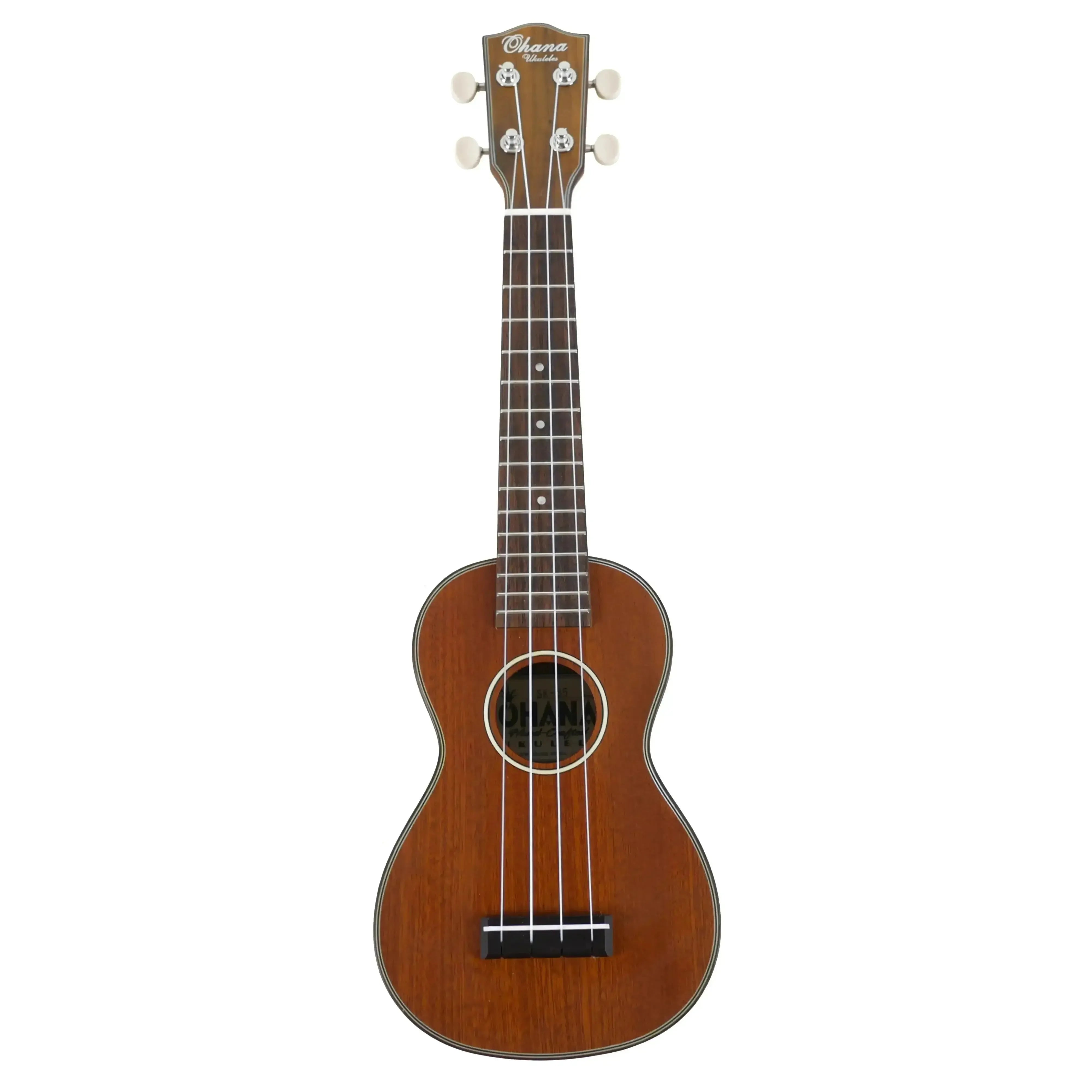 Ohana SK-35 Soprano Ukulele with solid mahogany body, satin finish, and black-and-white rosette.