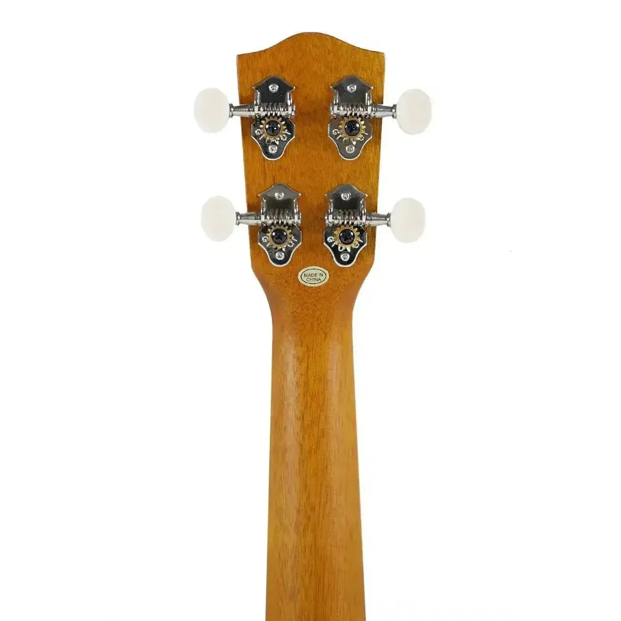 Ohana SK-35 Soprano Ukulele headstock and neck, showing Grover chrome open-geared tuners with white buttons.