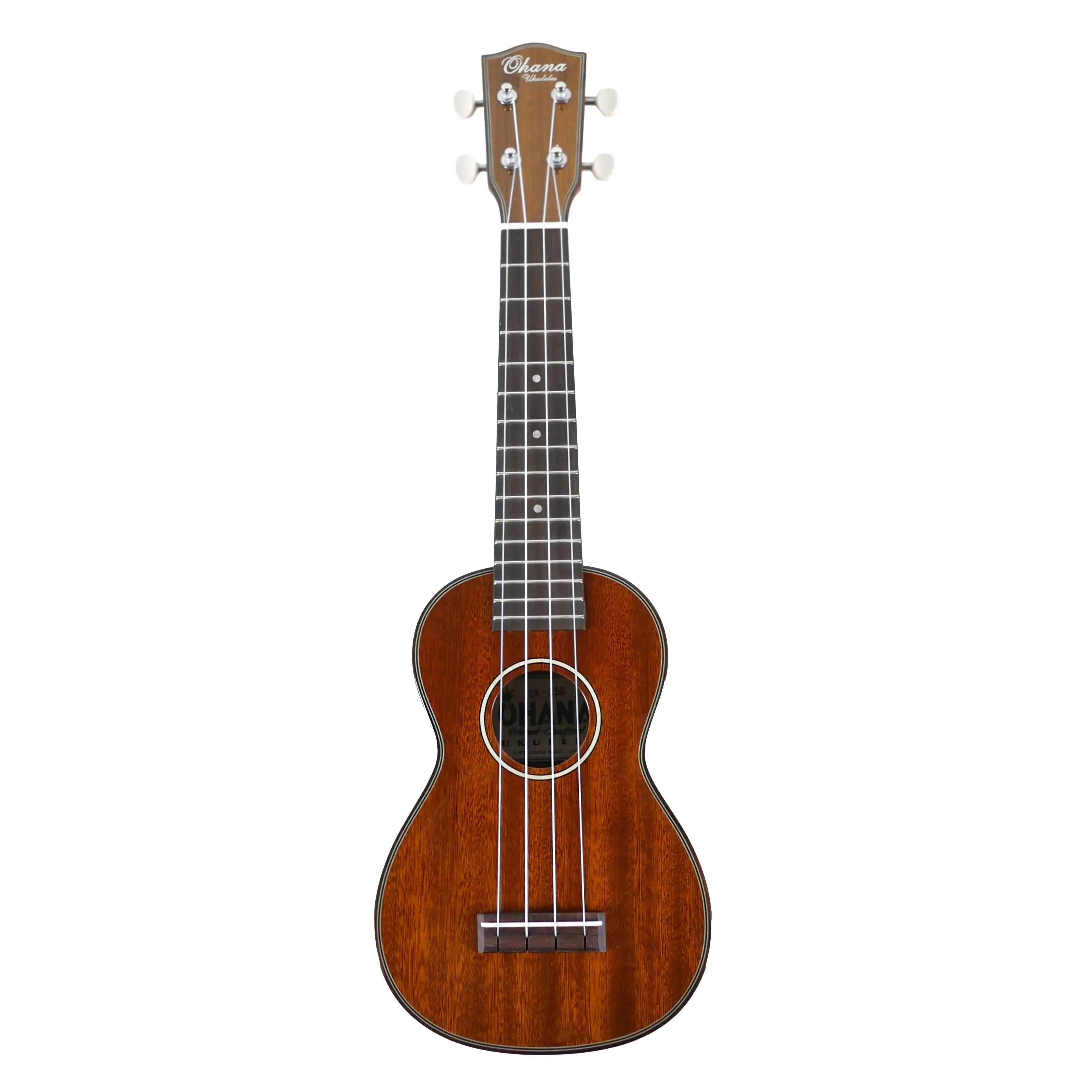 Ohana SK-35G Gloss Solid Mahogany Soprano Ukulele with white tuners and dark fretboard.