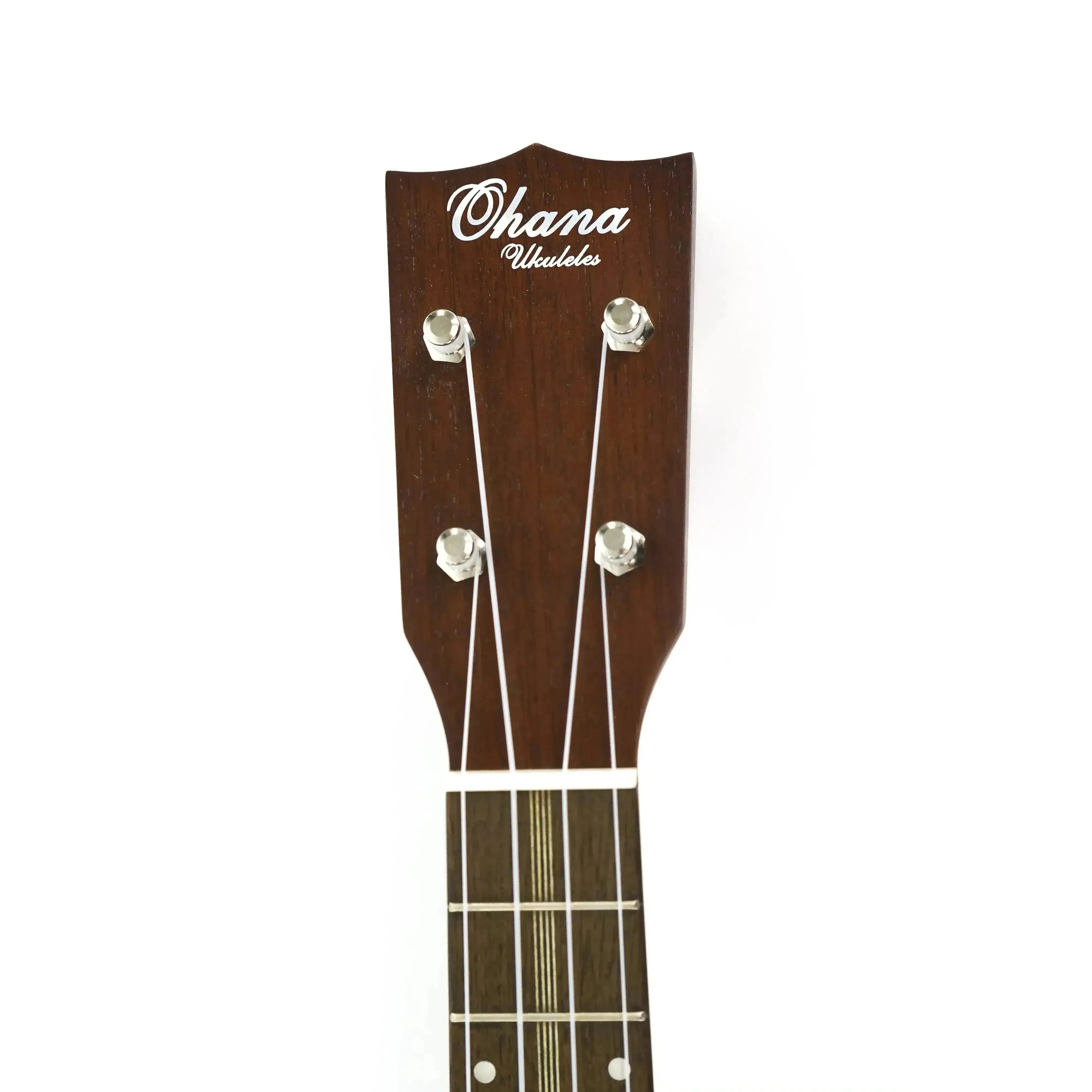 Ohana SK-39 Soprano Ukulele headstock with "Ohana Ukuleles" logo, dark mahogany, and silver tuners.