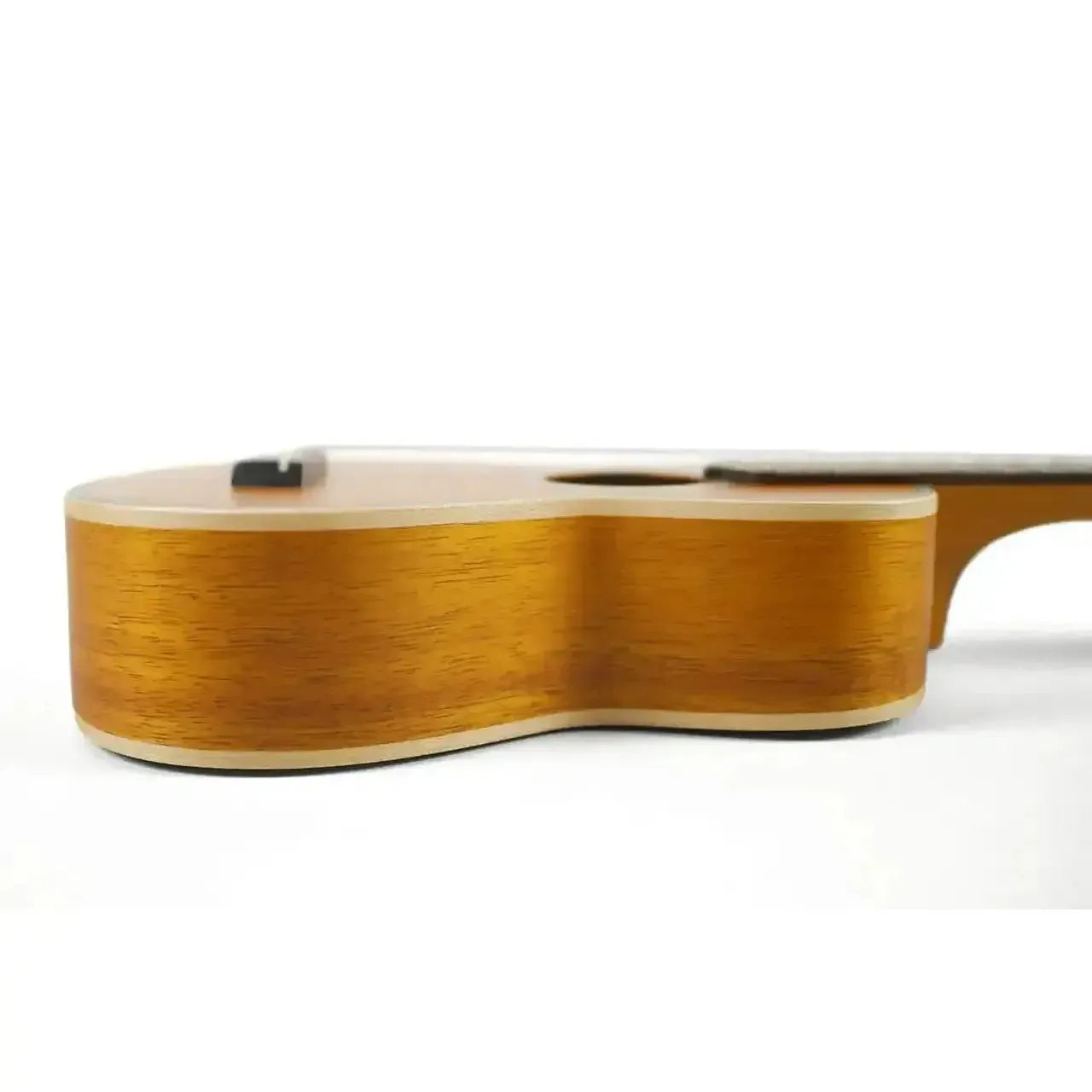 Ohana SK-390 Soprano Ukulele side view, showing light brown koa wood body with maple binding.