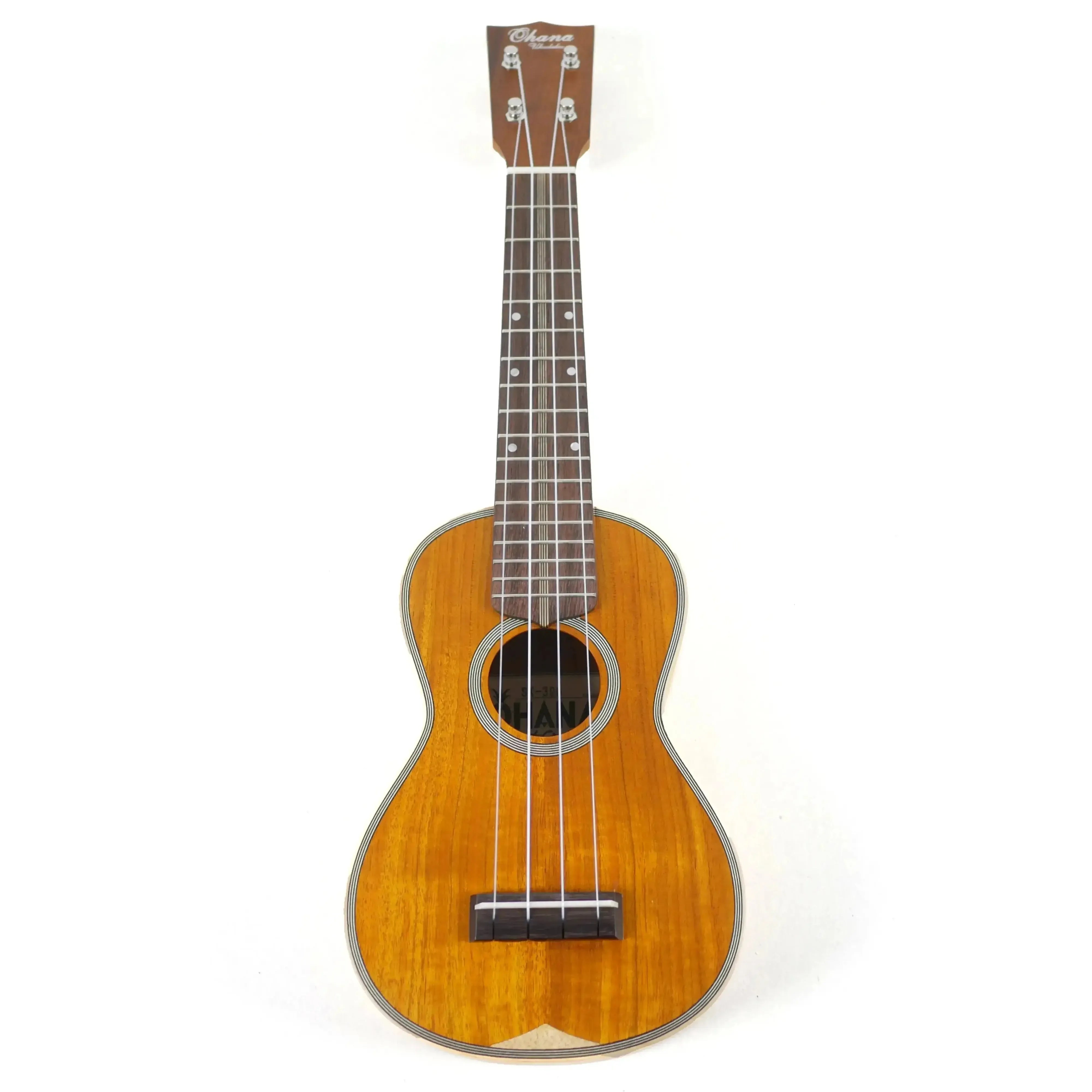 Ohana SK-390 Soprano Ukulele with vintage satin Hawaiian Koa body, maple binding, and Gotoh tuners.