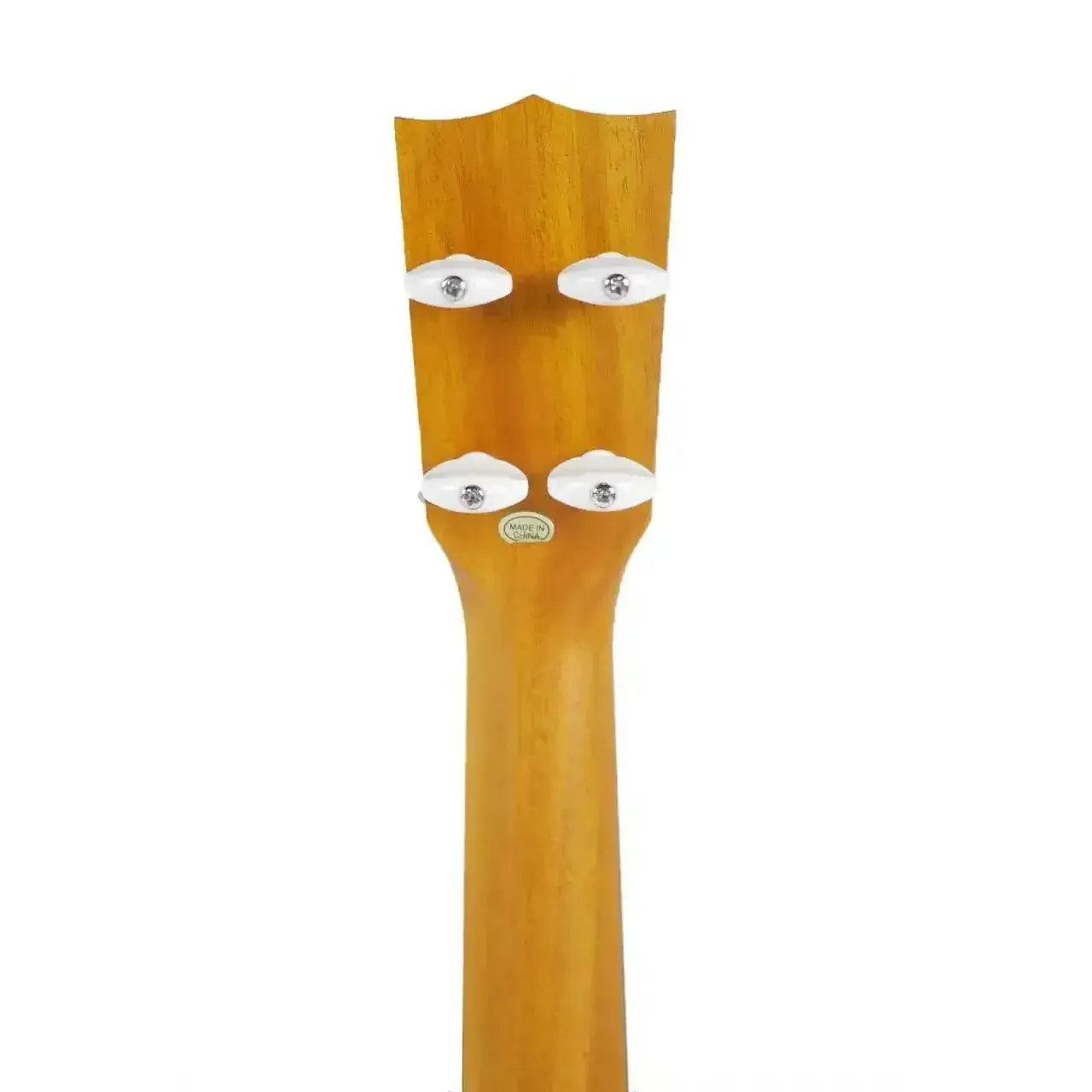 Ohana SK-390 Soprano Ukulele headstock and neck, light brown wood with four white Gotoh friction tuners.