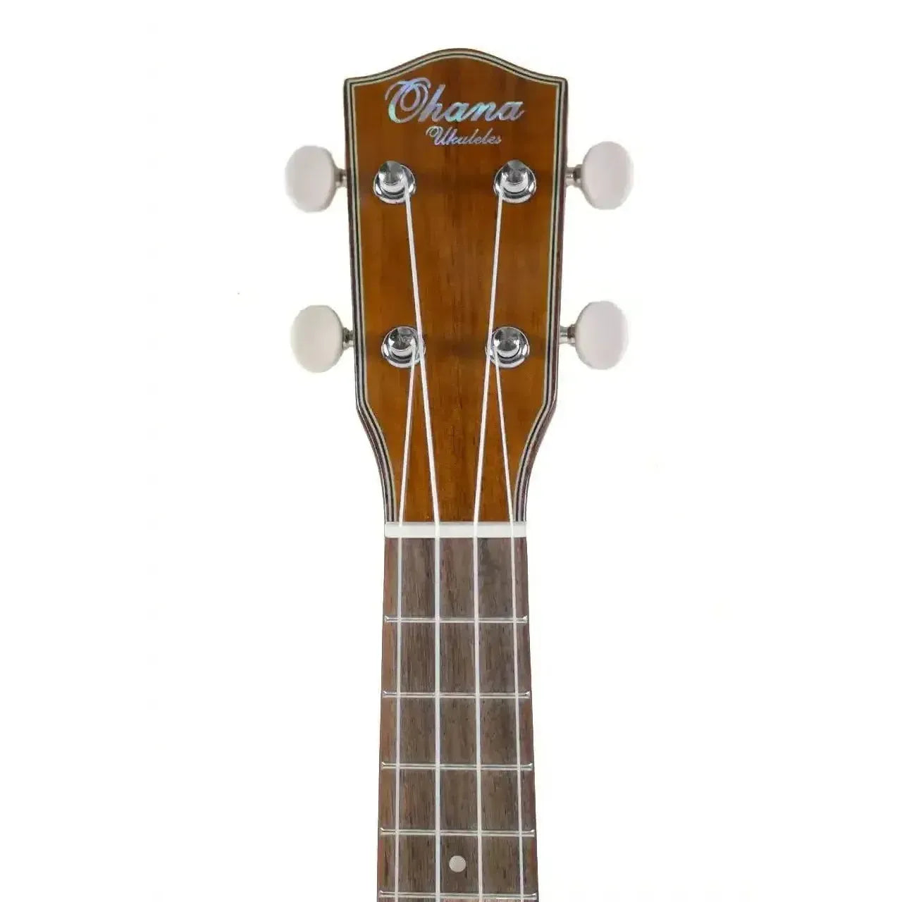 Ohana SK-50G soprano ukulele headstock with mahogany, Gotoh tuners, and "Ohana Ukuleles" logo.