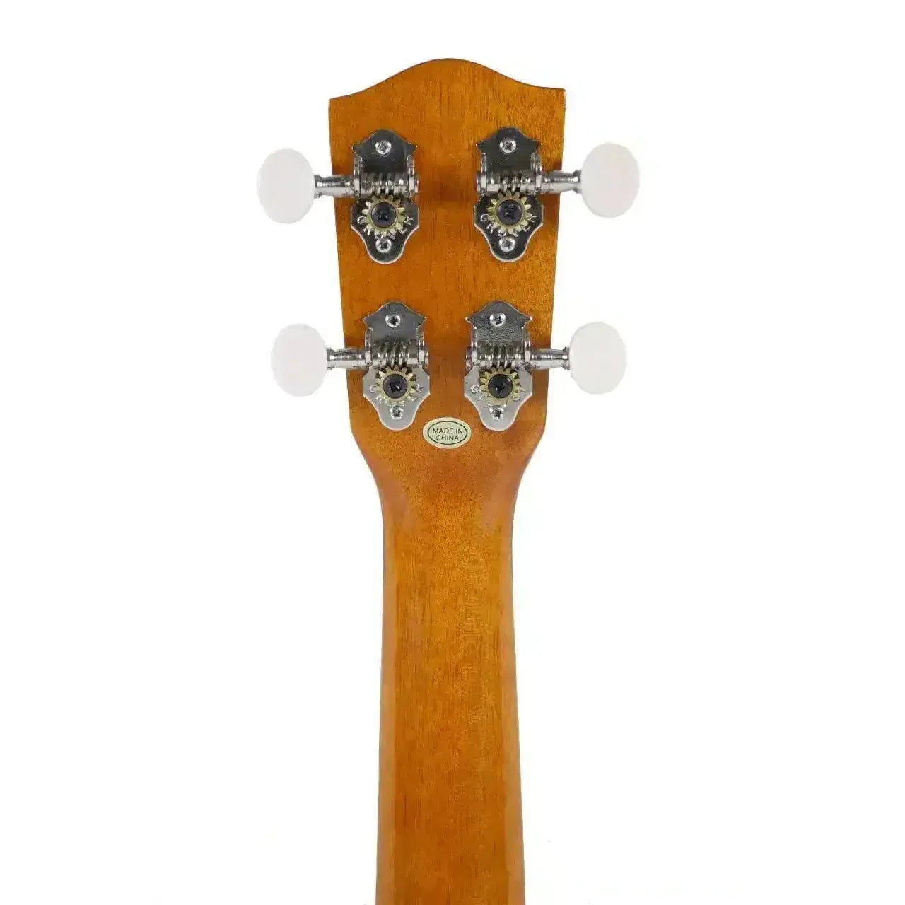 Back of Ohana SK-50G Soprano Ukulele headstock and mahogany neck with four white Gotoh friction tuners.