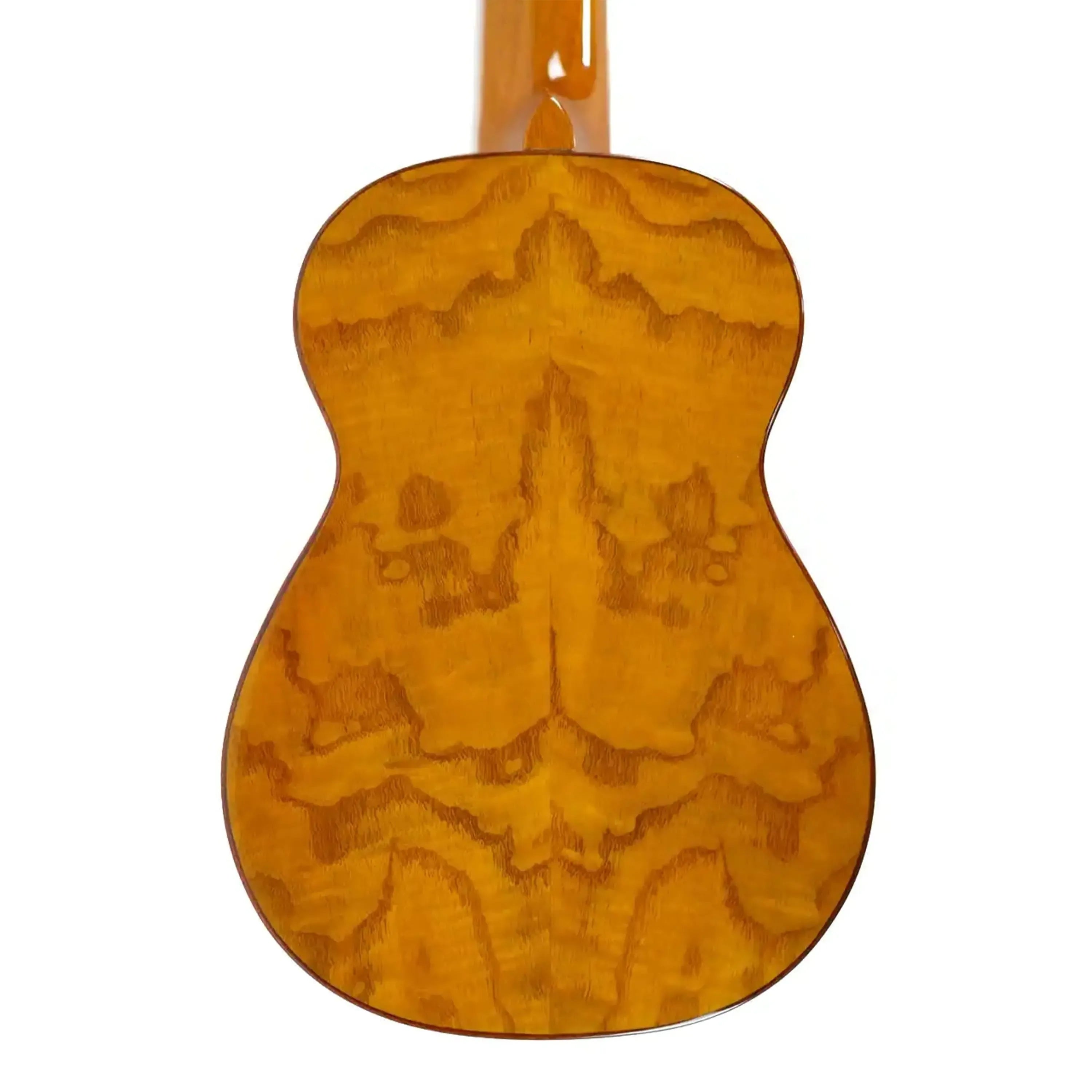 Ohana SK-50MG soprano ukulele back, showing flamed mahogany wood grain and glossy finish.