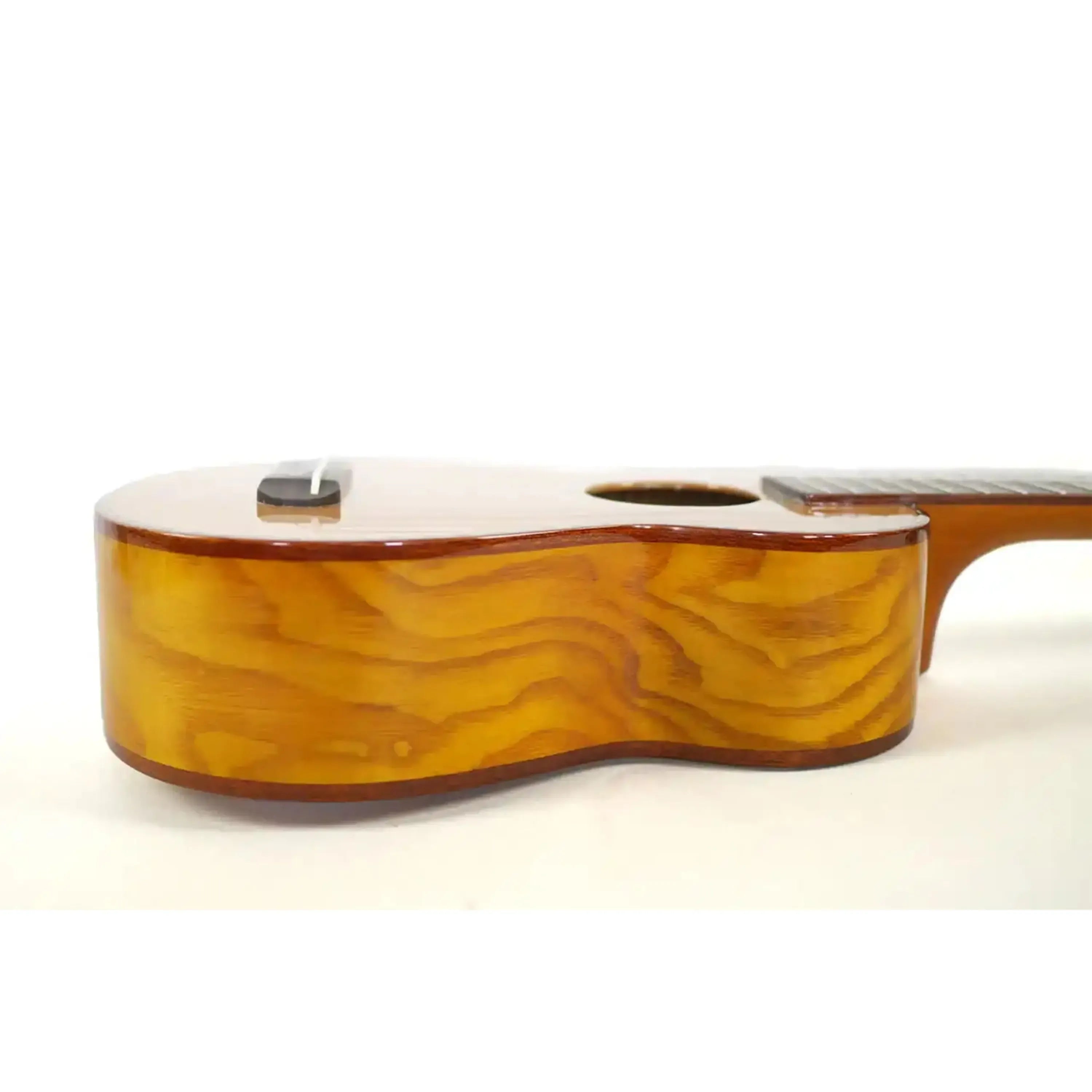 Ohana SK-50MG soprano ukulele side view, showing flamed mahogany back and sides with a glossy finish.