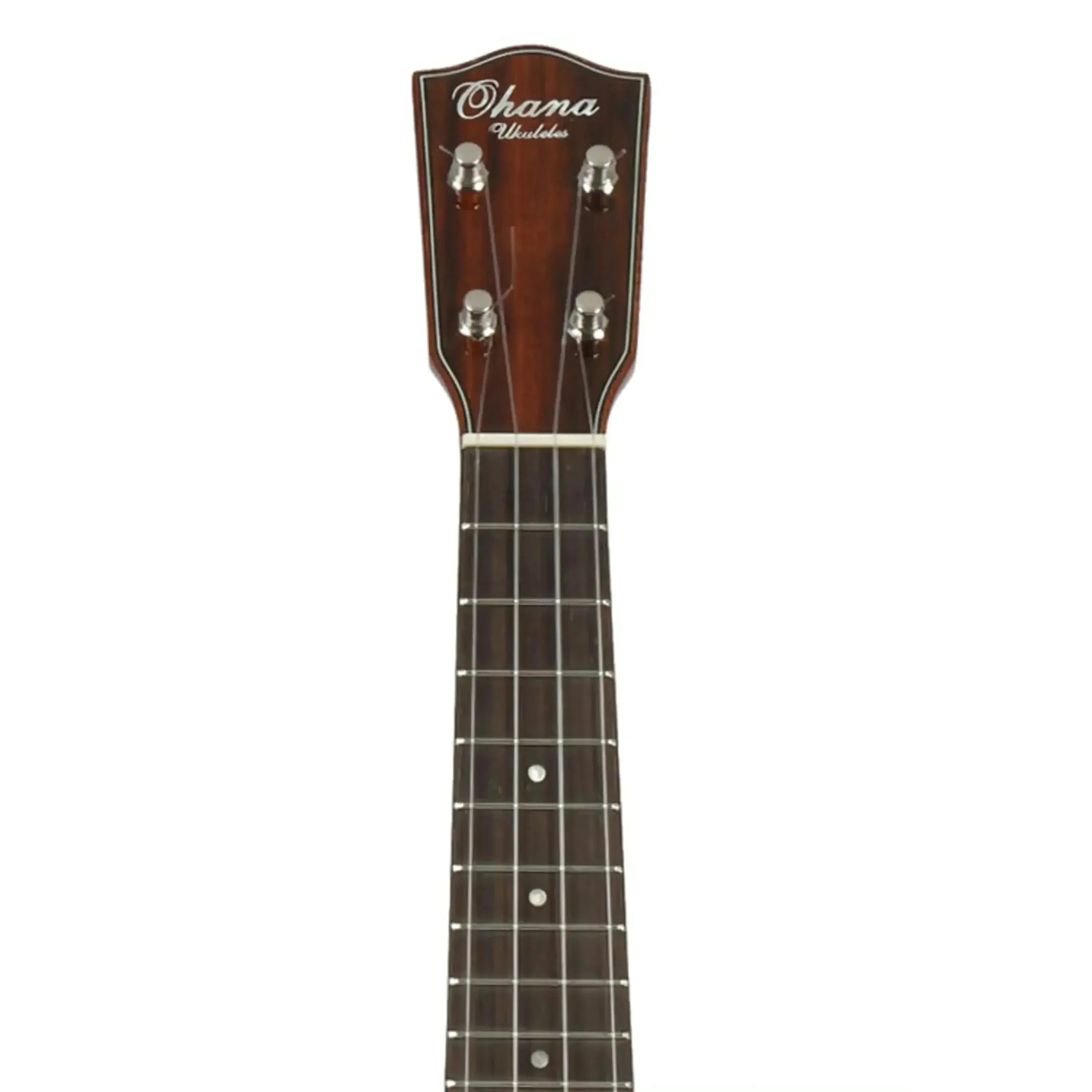 Ohana SK-50WG Soprano Ukulele headstock and fretboard with pearloid dot inlays.