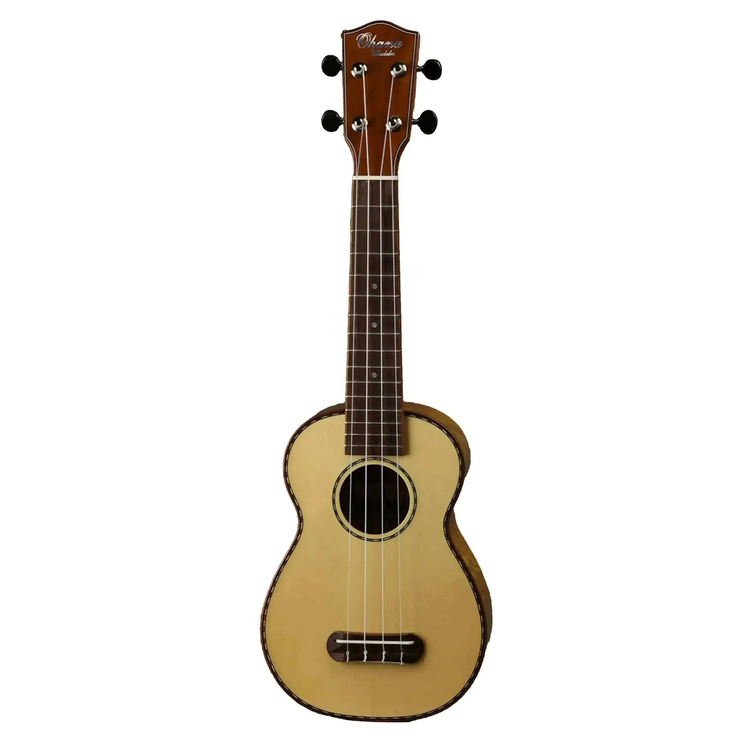 Ohana SK-70WG Soprano Ukulele with solid spruce top, laminate willow back/sides, mahogany binding, and headstock.