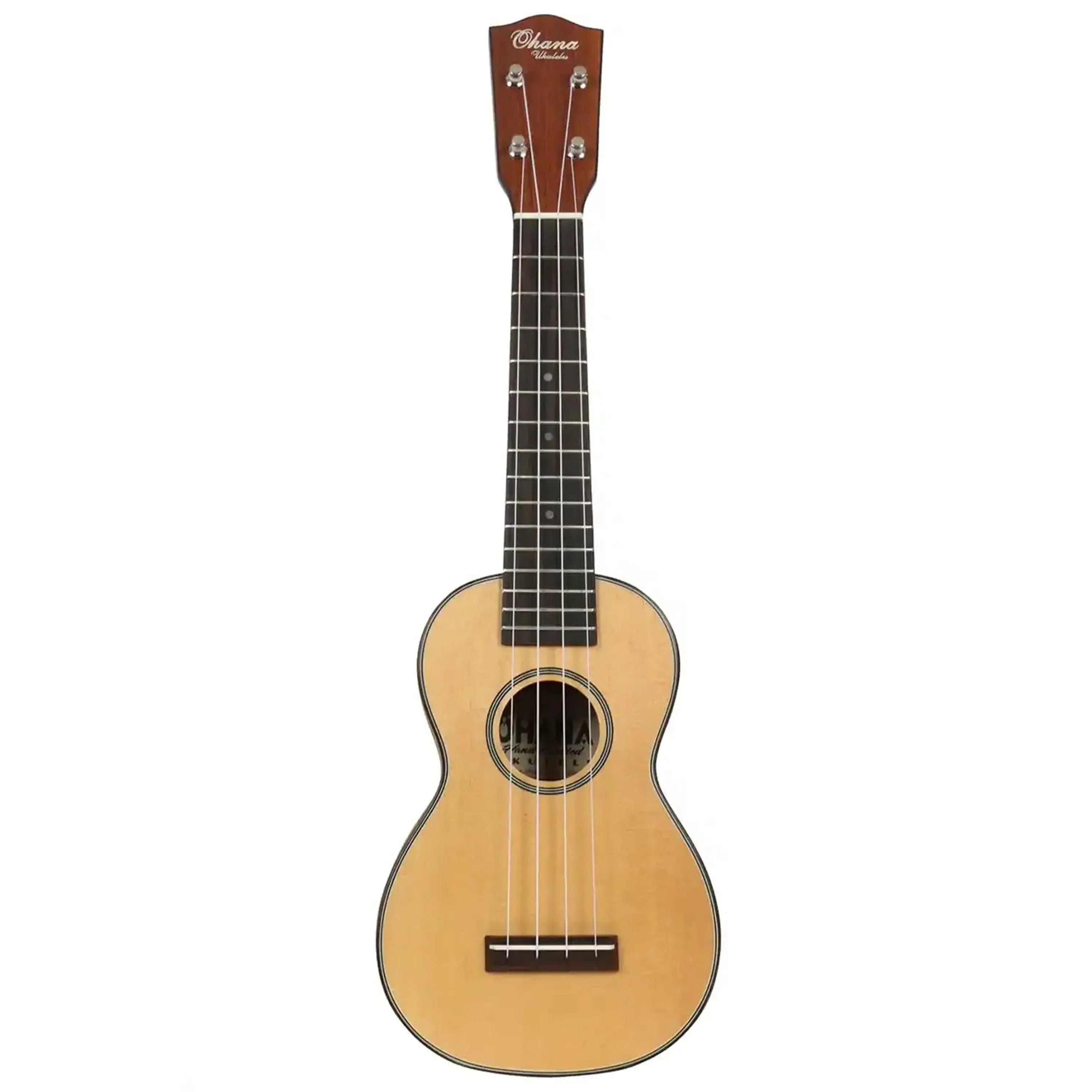 Ohana SK-75 soprano ukulele with light spruce top, dark mahogany neck, and rosewood fretboard.