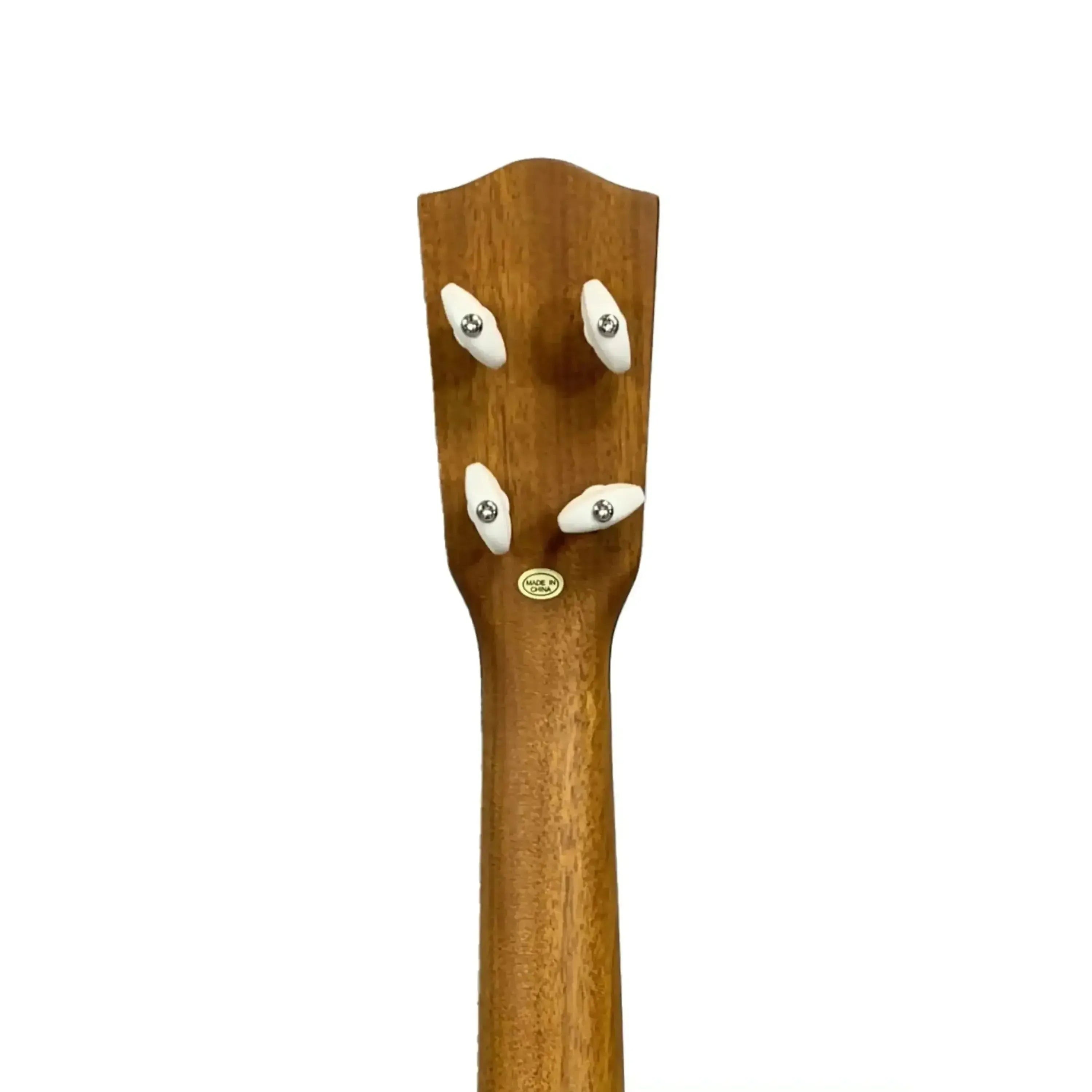 Back of Ohana SKB-35 Soprano Ukulele headstock and neck, showing mahogany wood and white Gotoh tuners.