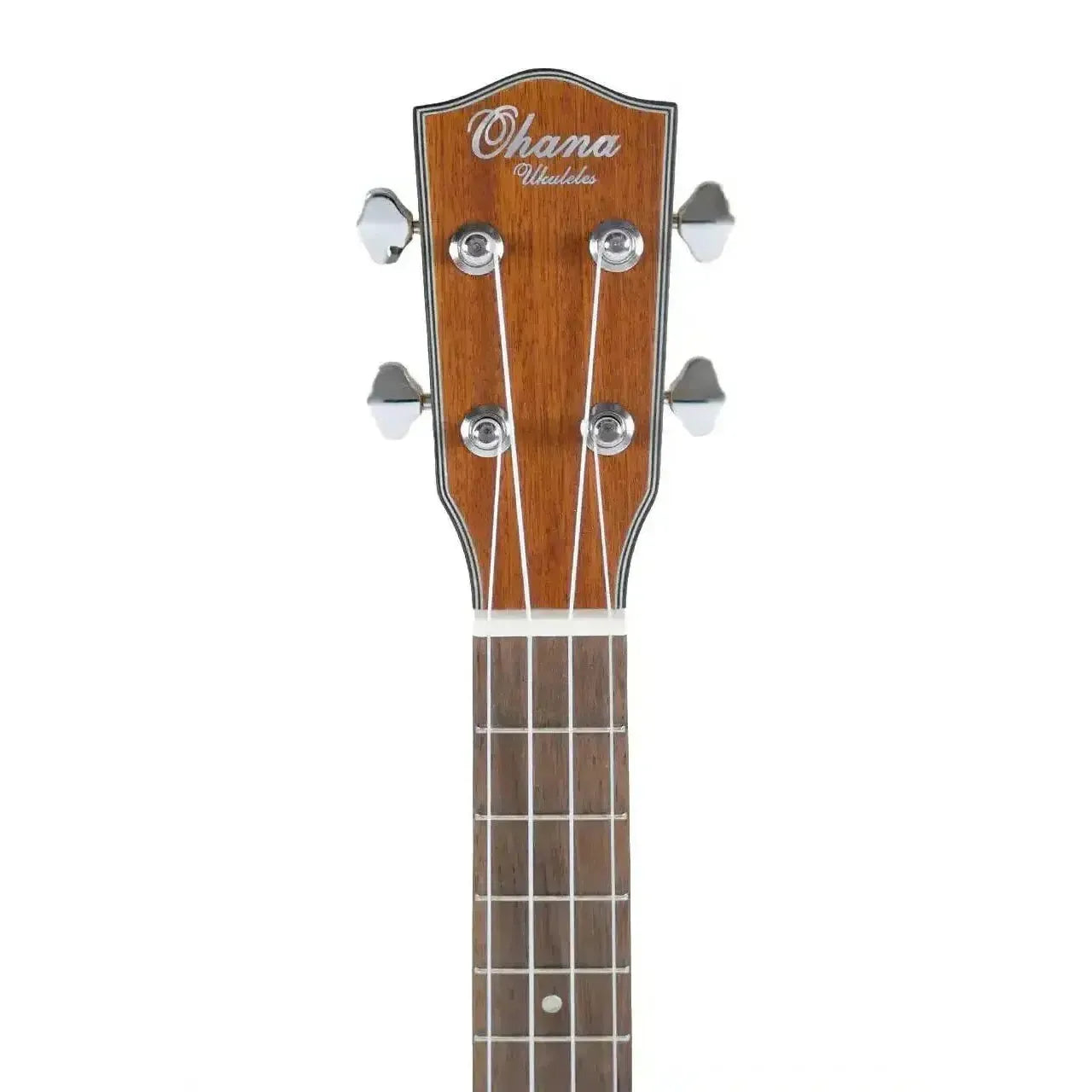 Ohana TK-14 Tenor Ukulele mahogany headstock with open slotted design and Grover tuners.