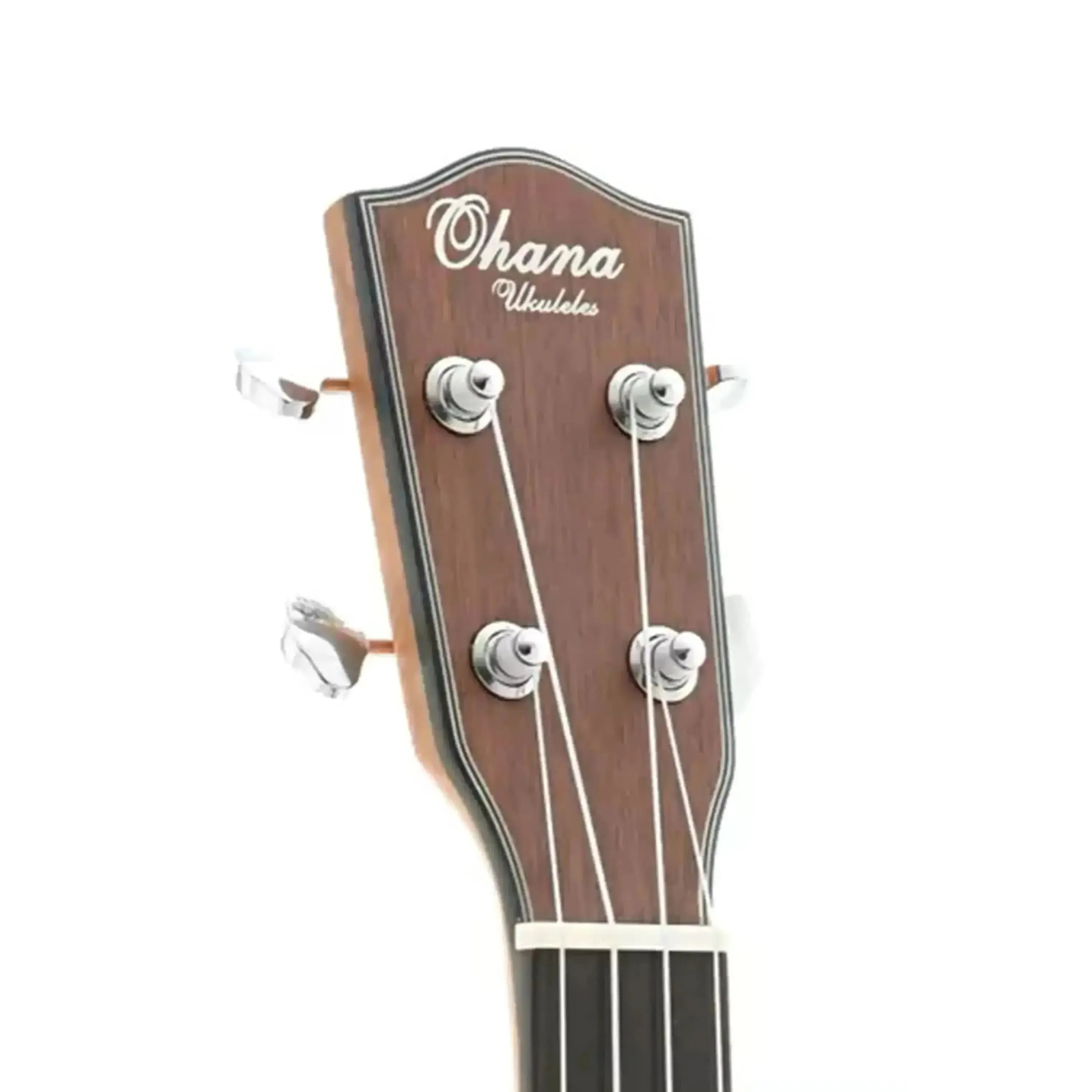 Ohana Ukuleles mahogany slotted headstock with silver Grover tuners and white strings.