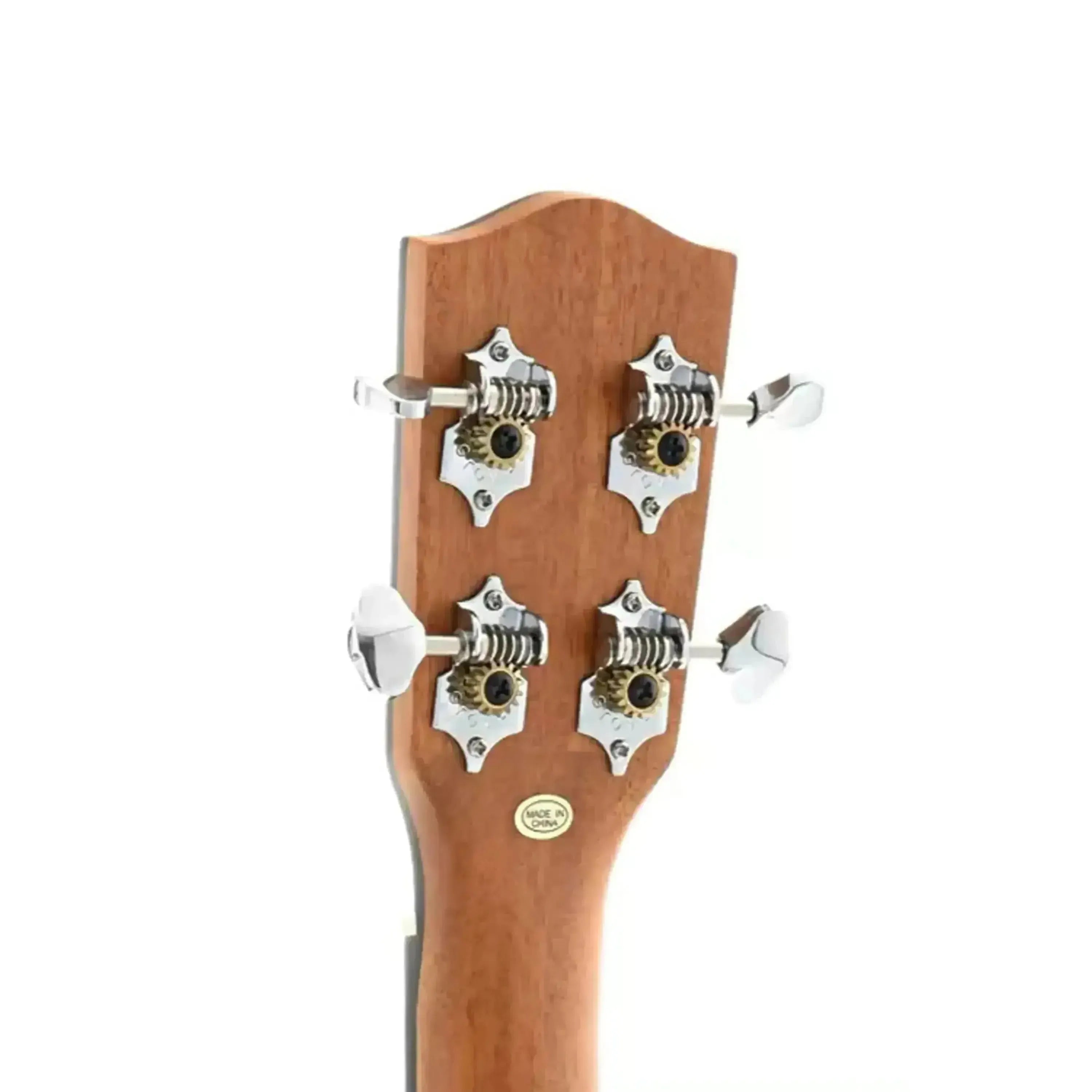 Ohana TK-14E Tenor Ukulele mahogany headstock with slotted design, Grover tuners, and "Made in China" sticker.