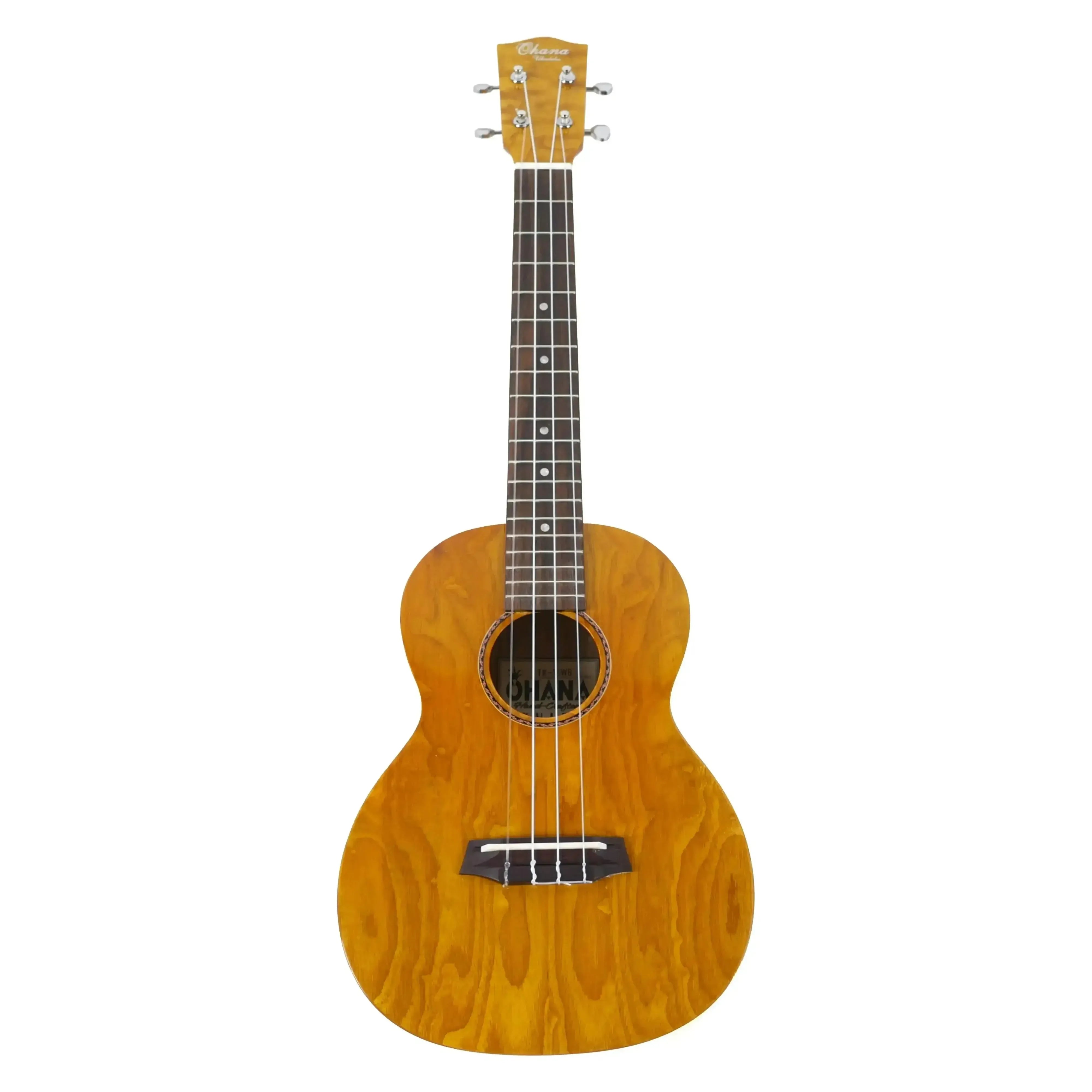 Ohana TK-15WG Willow Wood Tenor Ukulele with a glossy finish, ribbon rosette, and chrome tuners.