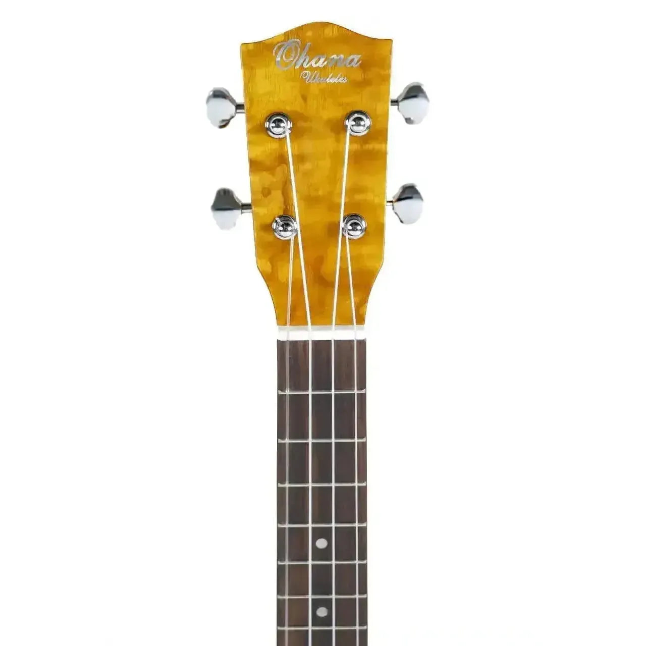 Ohana TK-15WG Willow Wood Tenor Ukulele headstock with chrome tuners and dark fretboard.