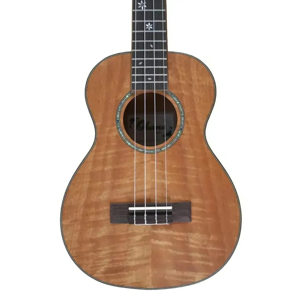 Ohana TK-18OM Tenor Ukulele with exotic Okoume body, satin finish, and floral fretboard inlays.