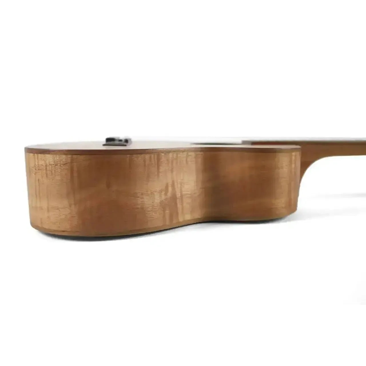 Side view of an Ohana TK-18OM Tenor Ukulele, showcasing its light brown exotic Okoume wood body with a satin finish.