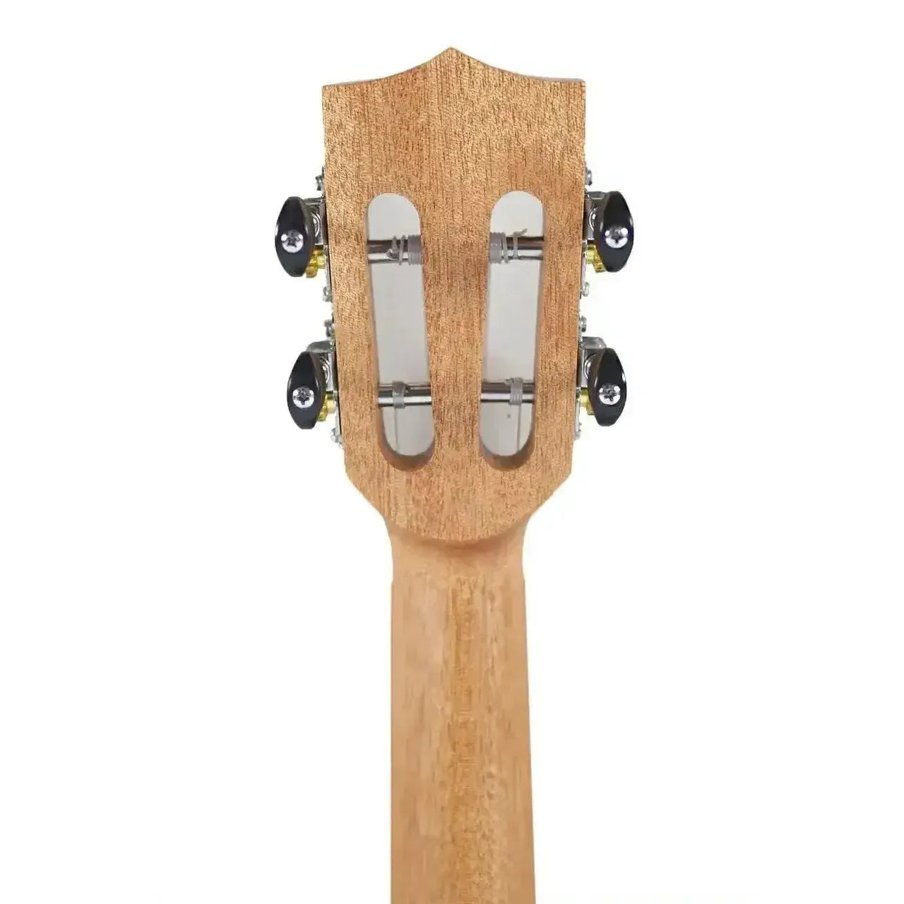 Back of Ohana TK-18OM Tenor Ukulele headstock and neck, showing light brown Okoume wood and silver Grover tuners.
