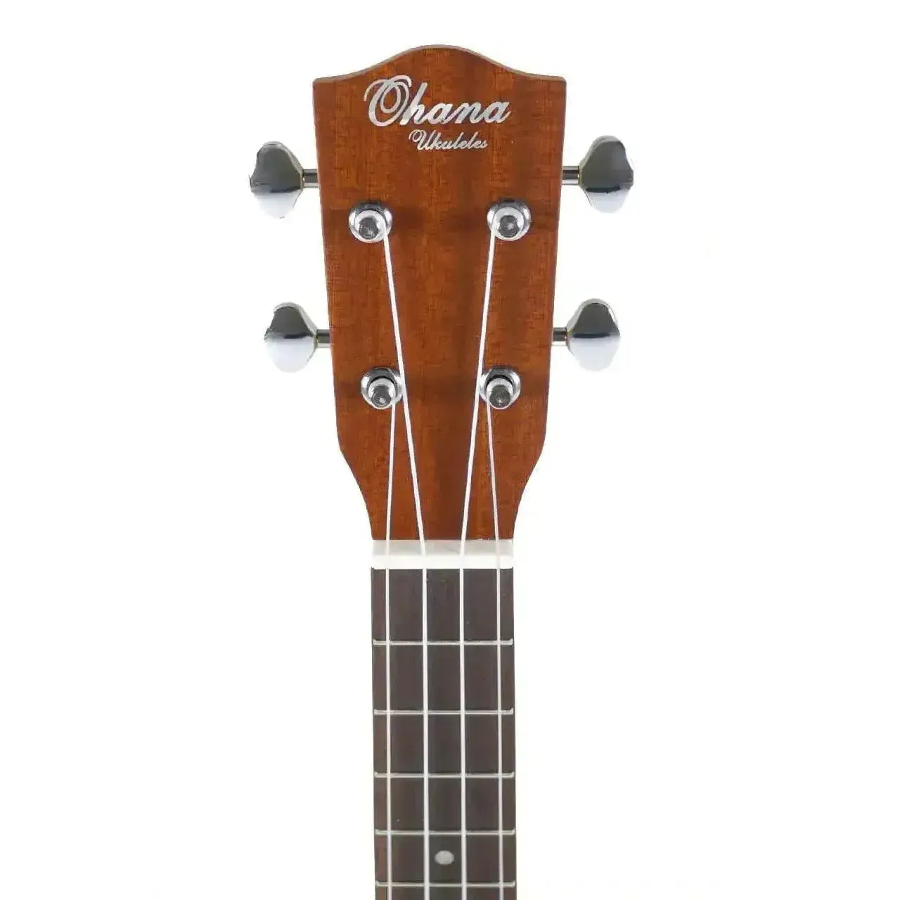 Ohana TK-20 tenor ukulele headstock with mahogany finish, chrome Grover tuners, and white Ohana logo.