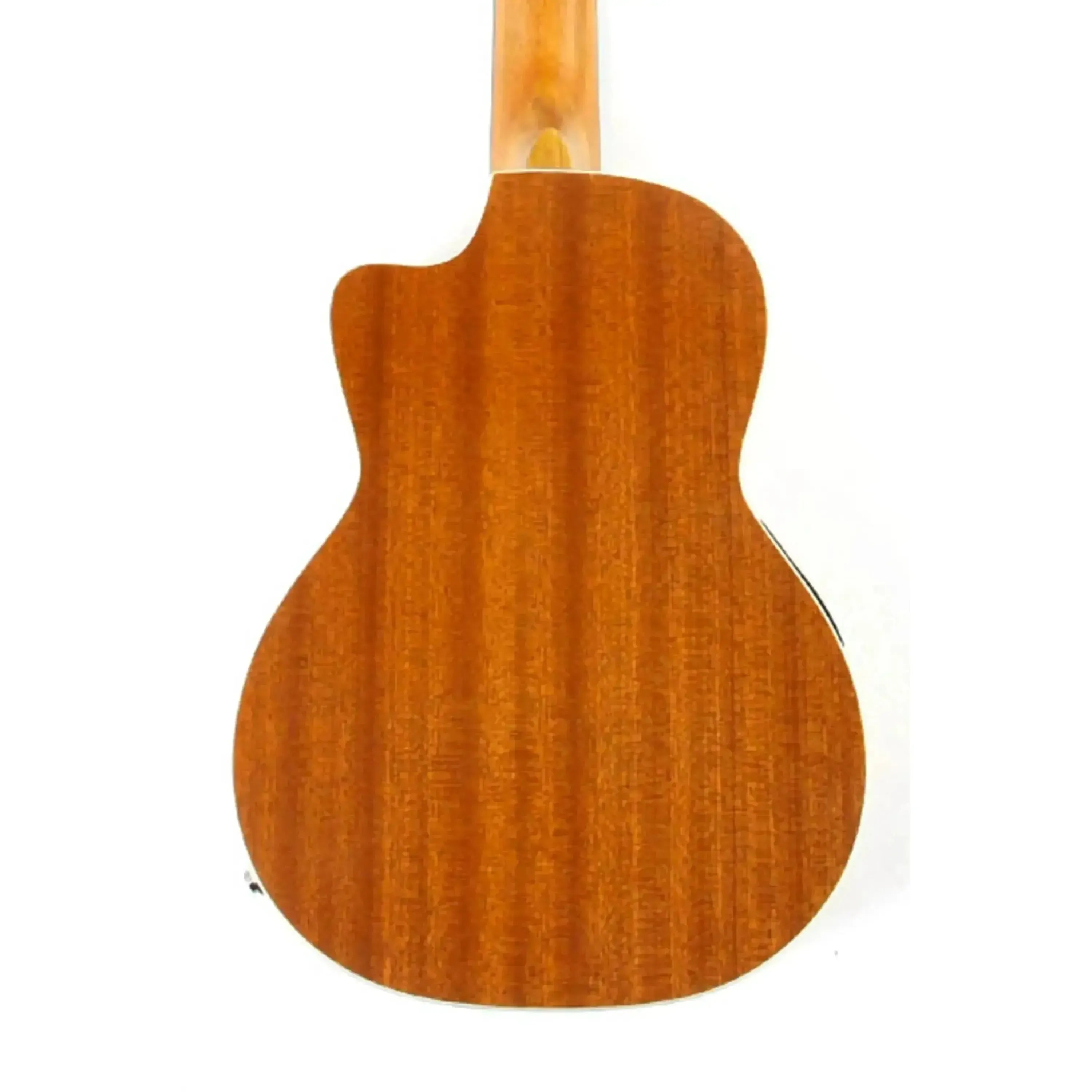 Ohana TK-20CE tenor ukulele, back view, solid mahogany with satin finish and cut-away design.