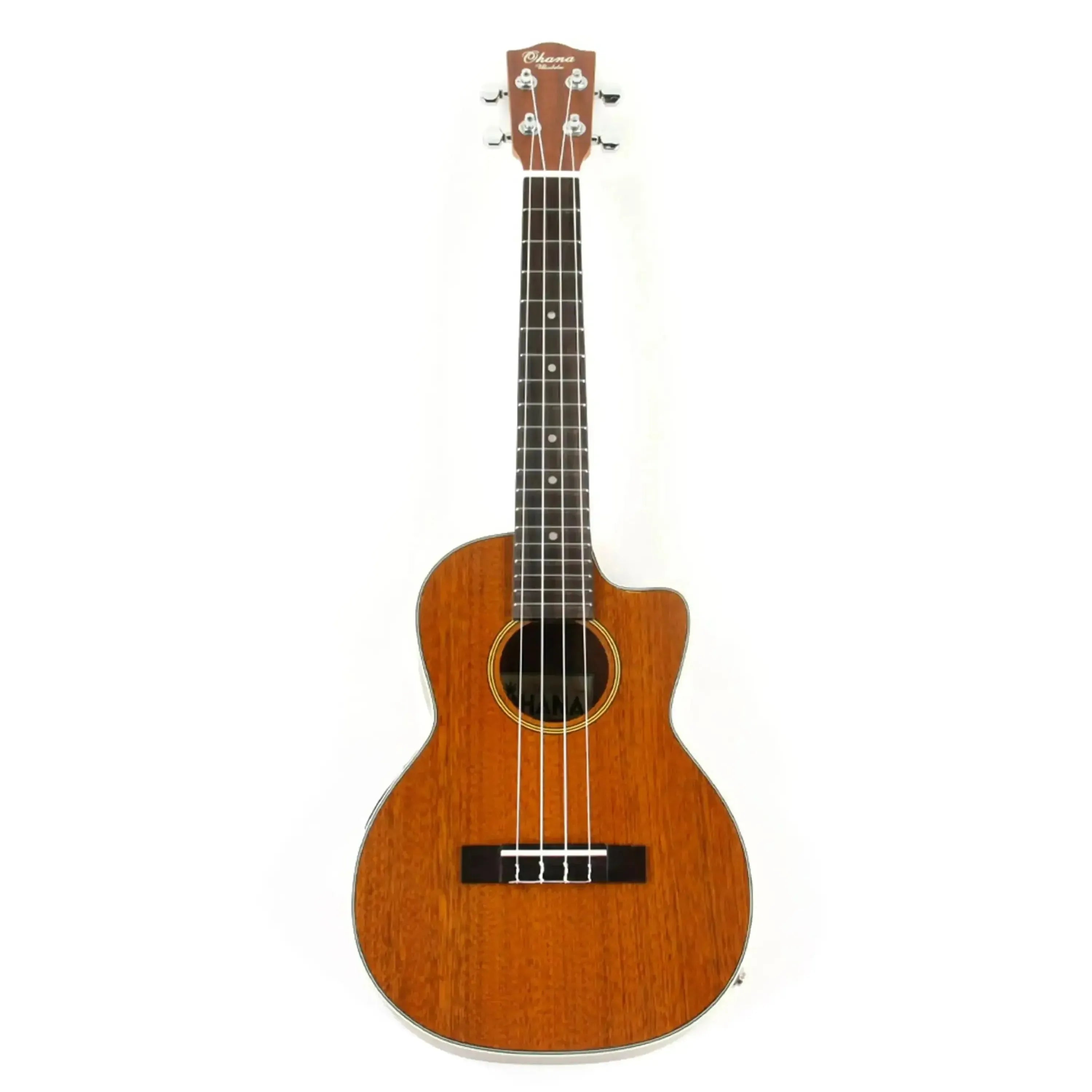 Ohana TK-20CE solid mahogany top tenor ukulele with cutaway design and pickup.