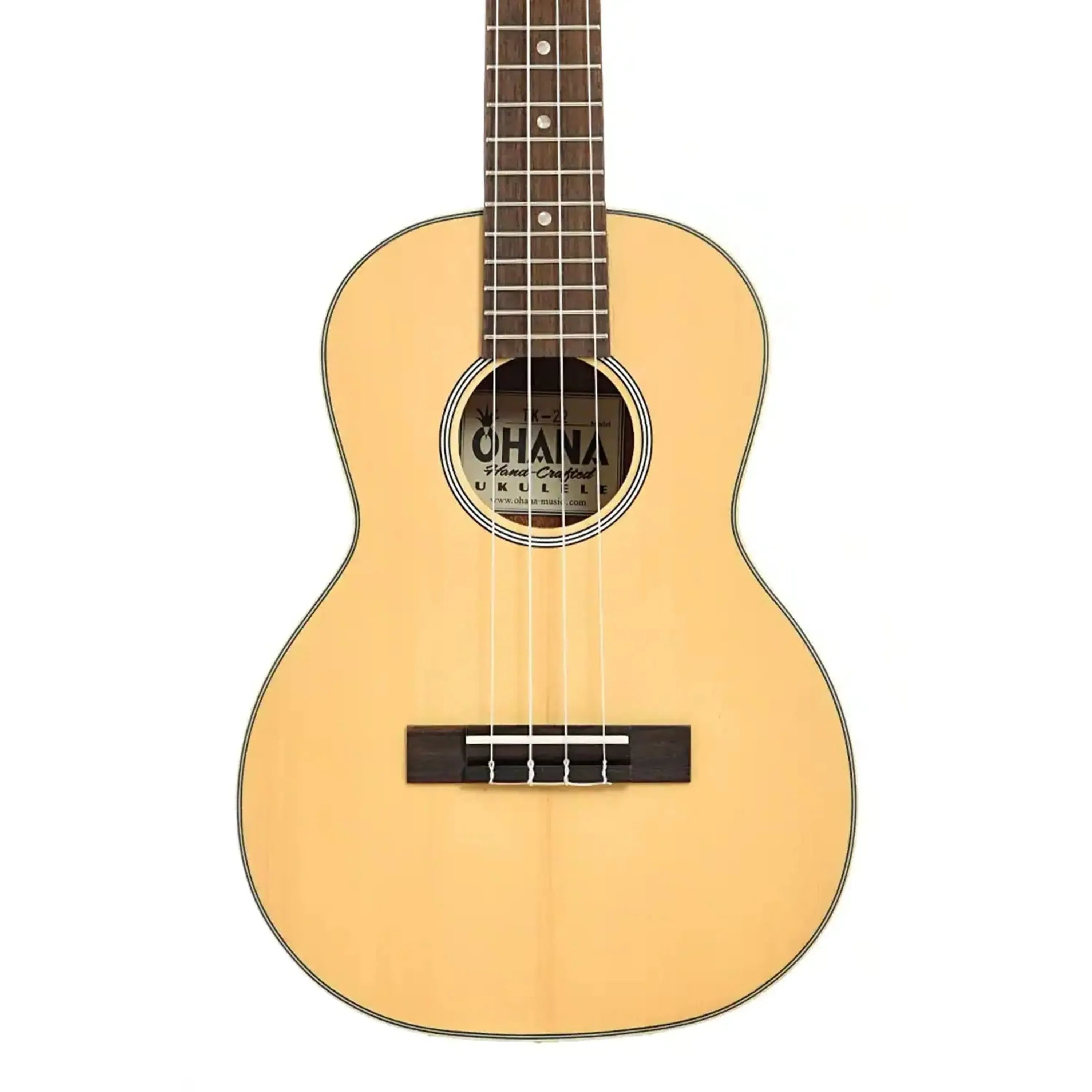 Ohana TK-22 tenor ukulele with solid spruce top, mahogany back, cream binding, and sound-hole rosette.