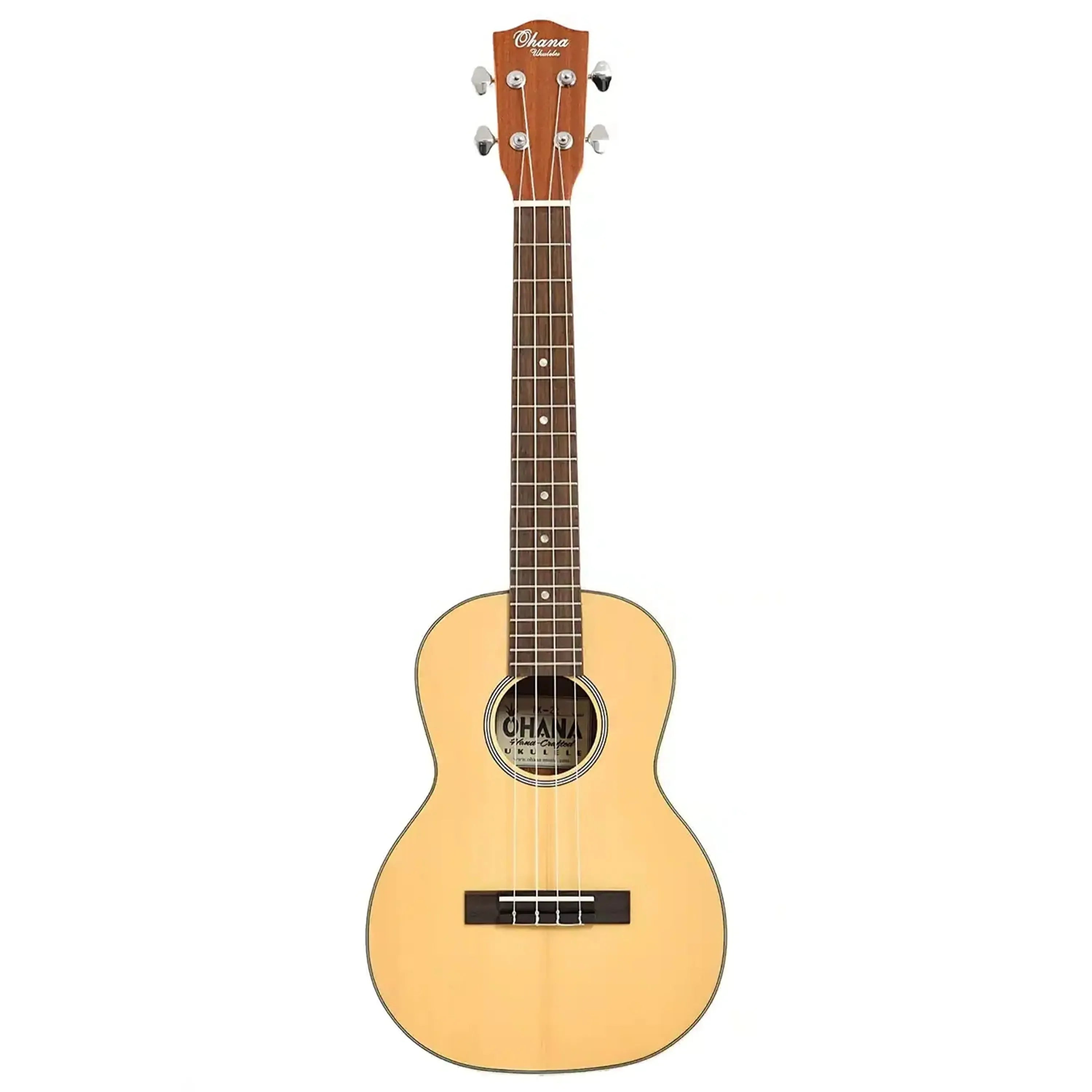 Ohana TK-22 tenor ukulele with solid spruce top, mahogany back/sides, cream binding, and black/white rosette.