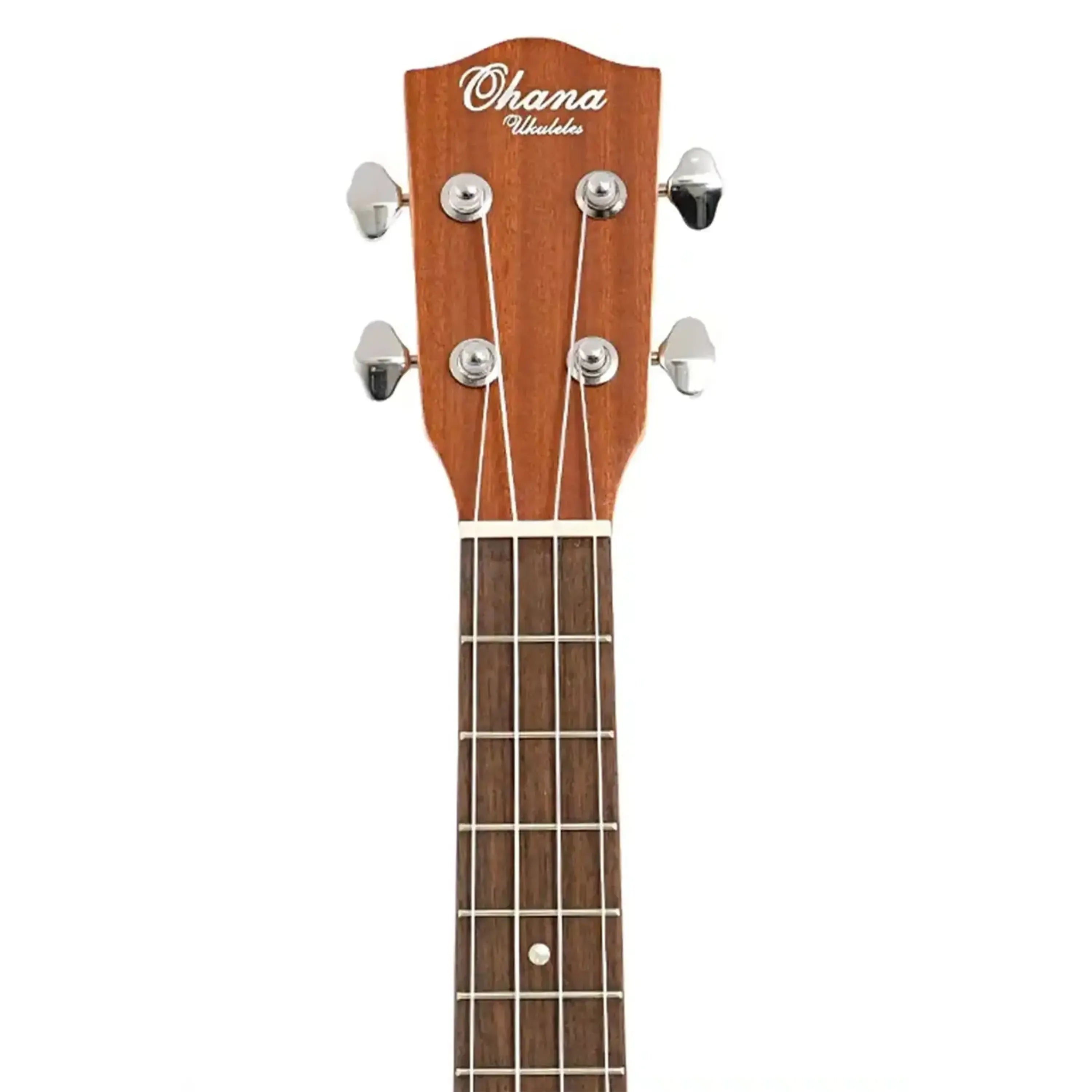 Ohana TK-22 Tenor Ukulele headstock and fretboard with Grover chrome tuners and pearloid dot inlays.