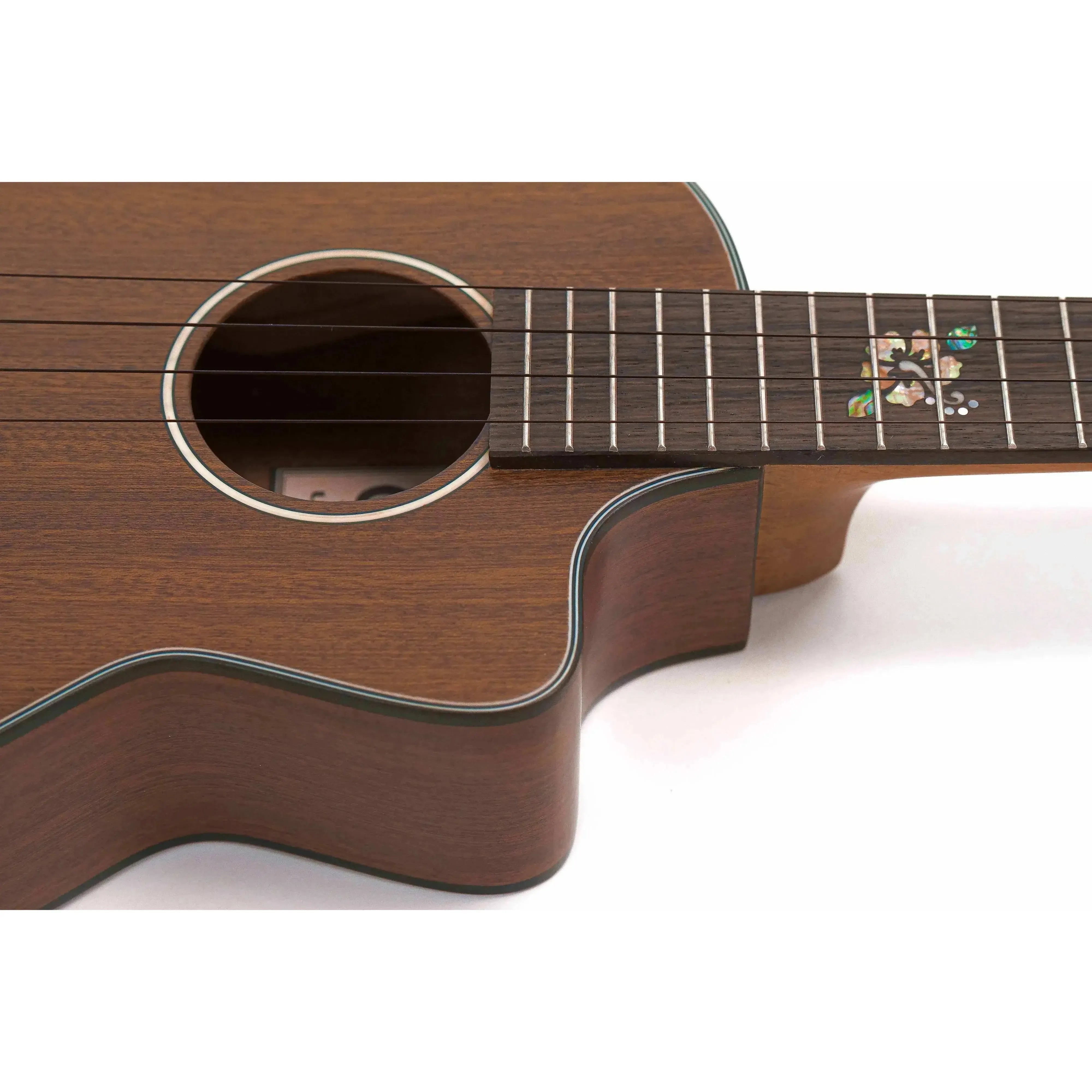 Ohana TK-25-CL Cynthia Lin tenor ukulele with solid mahogany body, cutaway, and floral fretboard inlay.