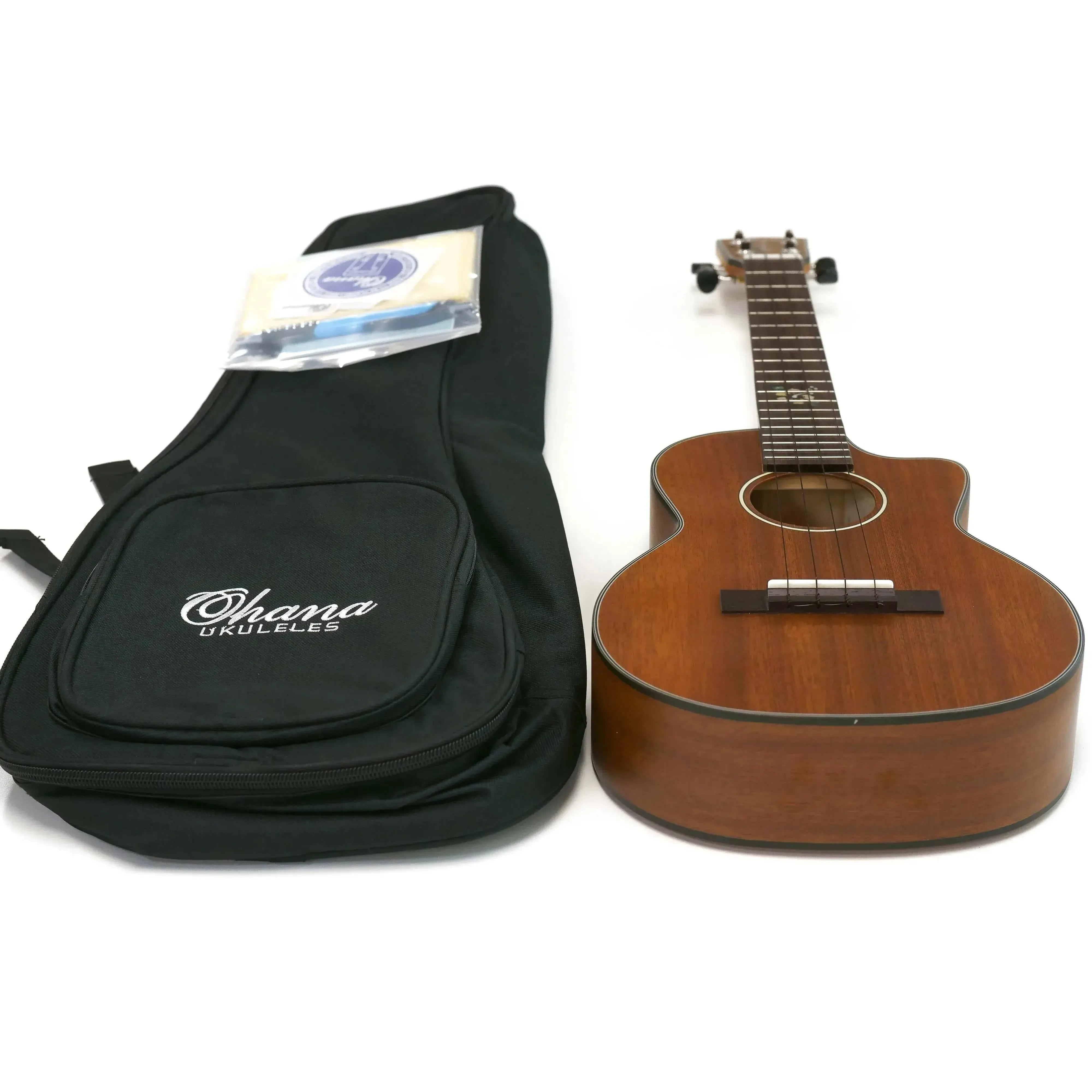 Ohana TK-25-CL Cynthia Lin solid mahogany tenor ukulele with cutaway and black gig bag.