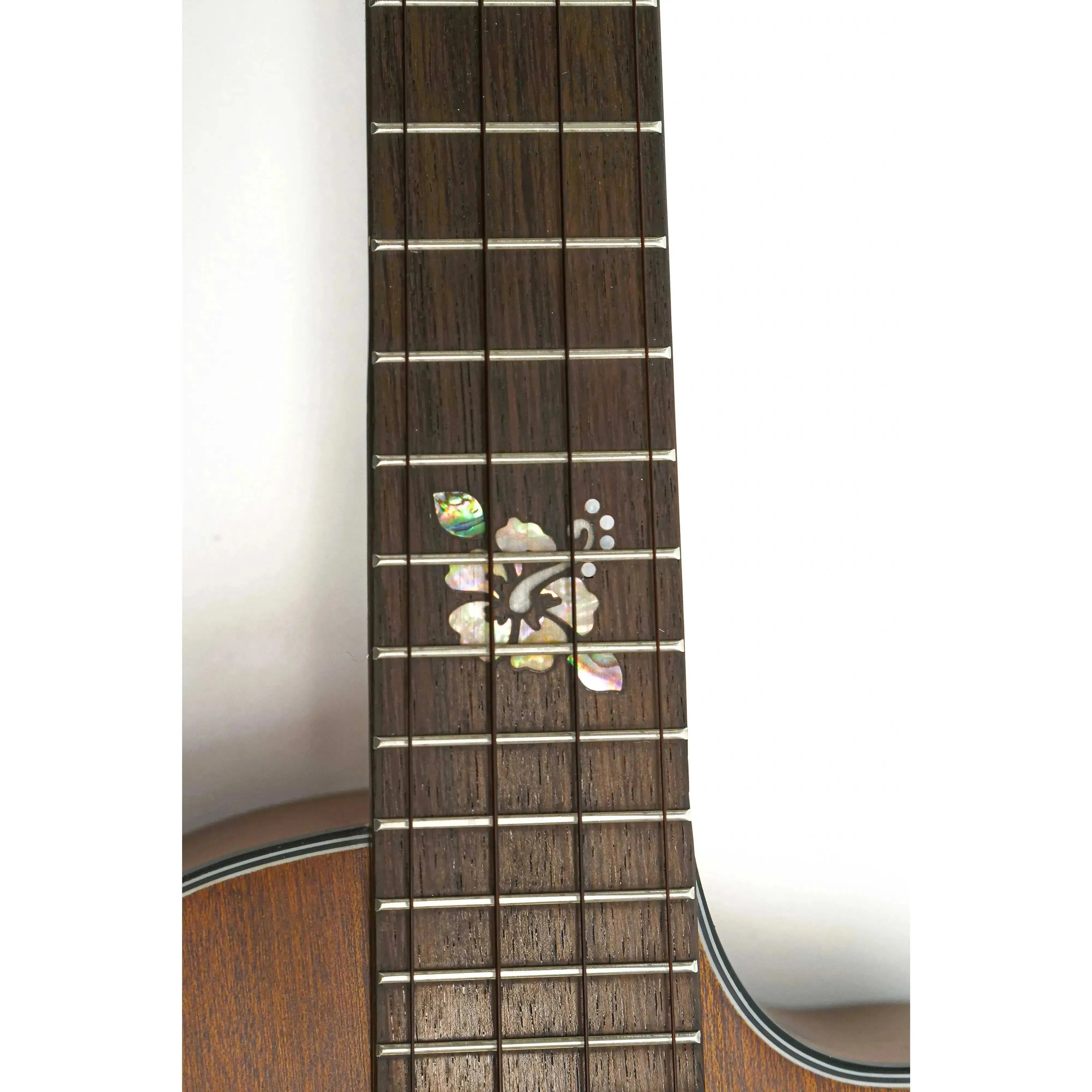 Ohana TK-25-CL Cynthia Lin tenor ukulele fretboard with mother-of-pearl hibiscus inlay.
