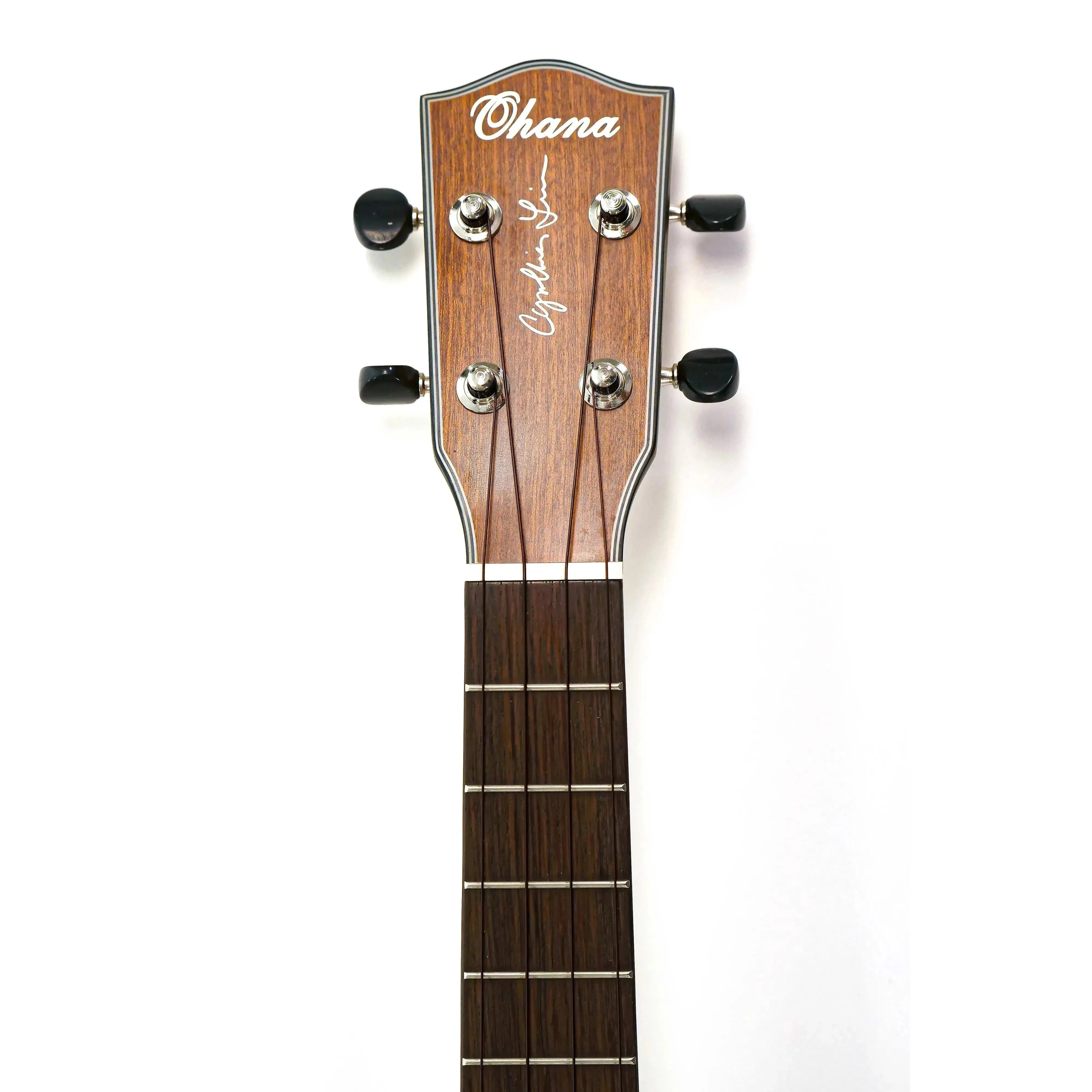 Ohana TK-25-CL Cynthia Lin tenor ukulele headstock and fretboard, solid mahogany with black tuners.