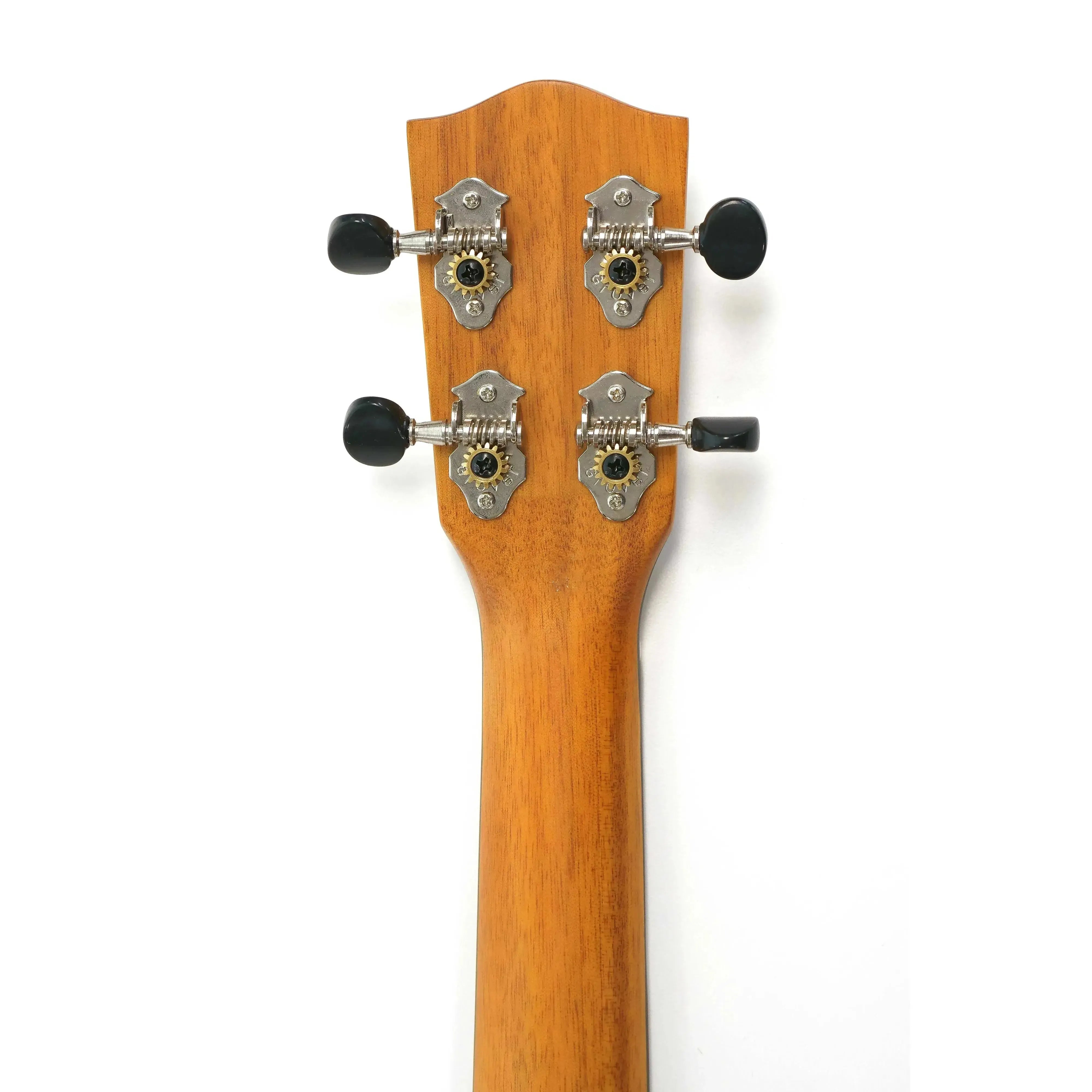 Back of Ohana TK-25-CL Cynthia Lin tenor ukulele headstock and neck, showing tuners and mahogany wood.