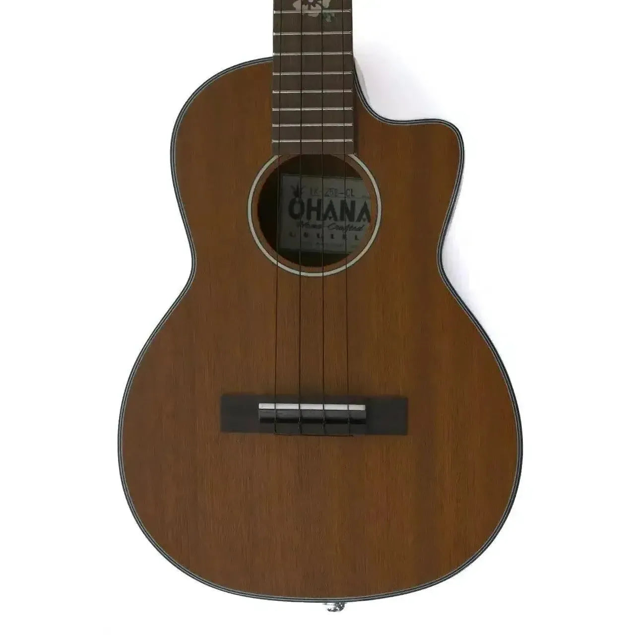 Ohana TK-25CE-CL Cynthia Lin tenor ukulele with solid mahogany top, cutaway, and black/white rosette.