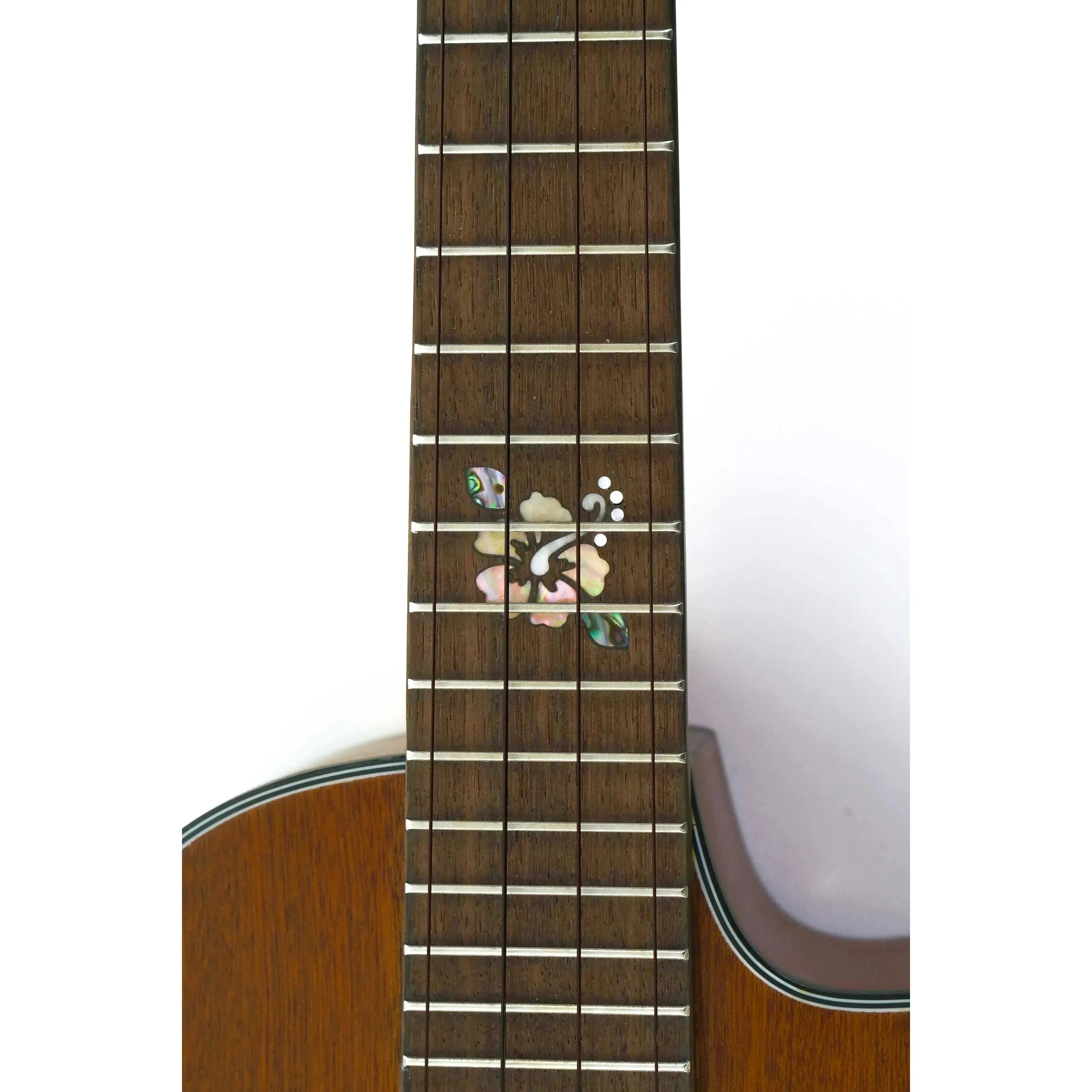 Ohana TK-25CE-CL Cynthia Lin tenor ukulele fretboard with floral pearloid inlay.