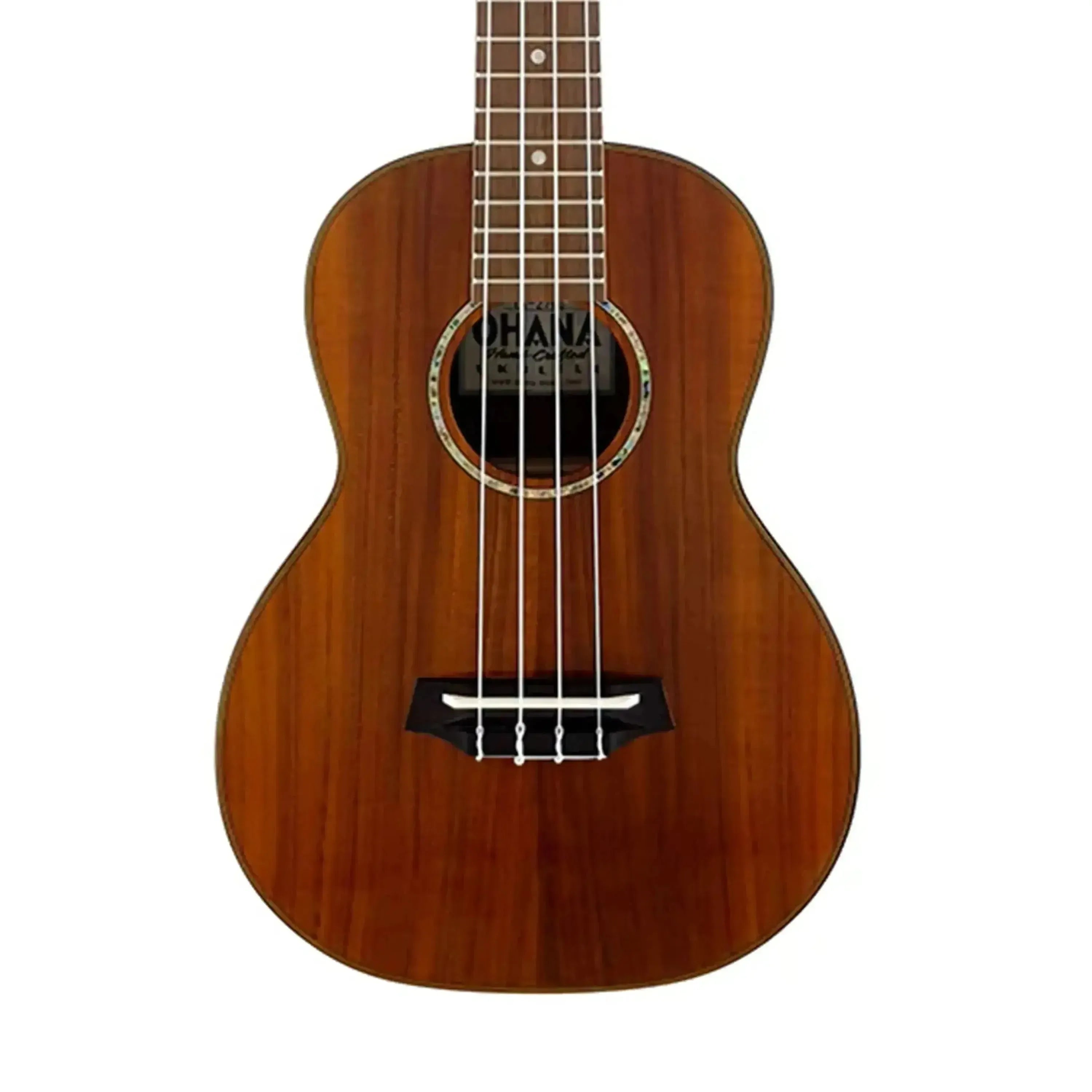 Ohana TK-270G Gloss Solid Acacia Tenor Ukulele with abalone rosette and white strings.