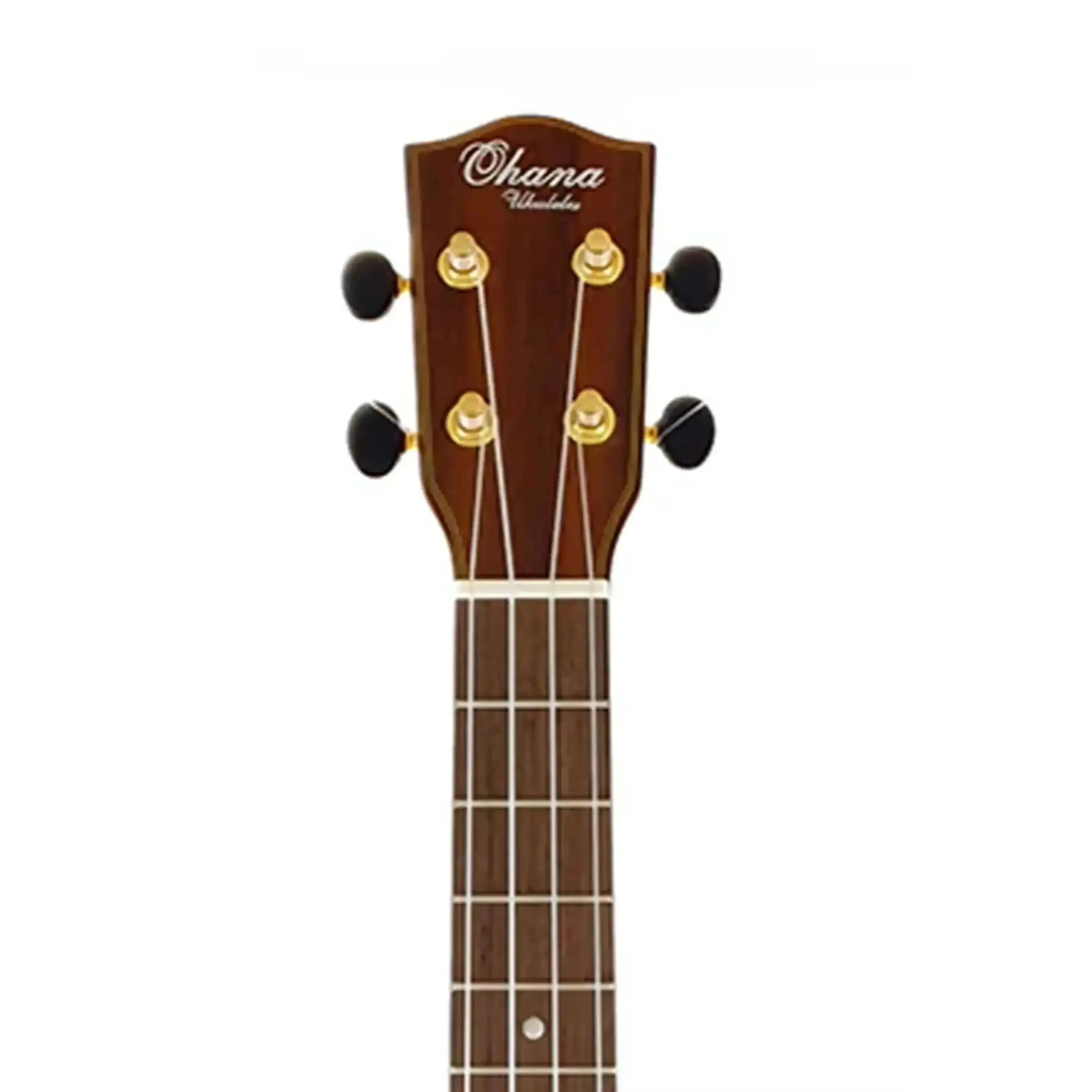 Ohana TK-270G tenor ukulele headstock with gloss solid acacia, mahogany neck, and Grover tuners.