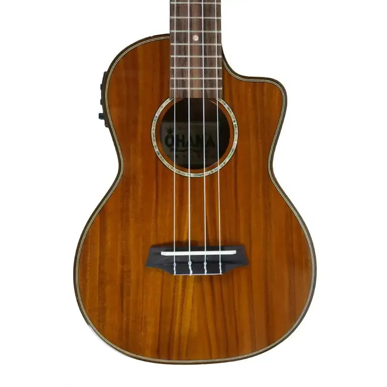 Ohana TK-270GCE solid acacia tenor ukulele with cutaway, gloss finish, and abalone rosette.