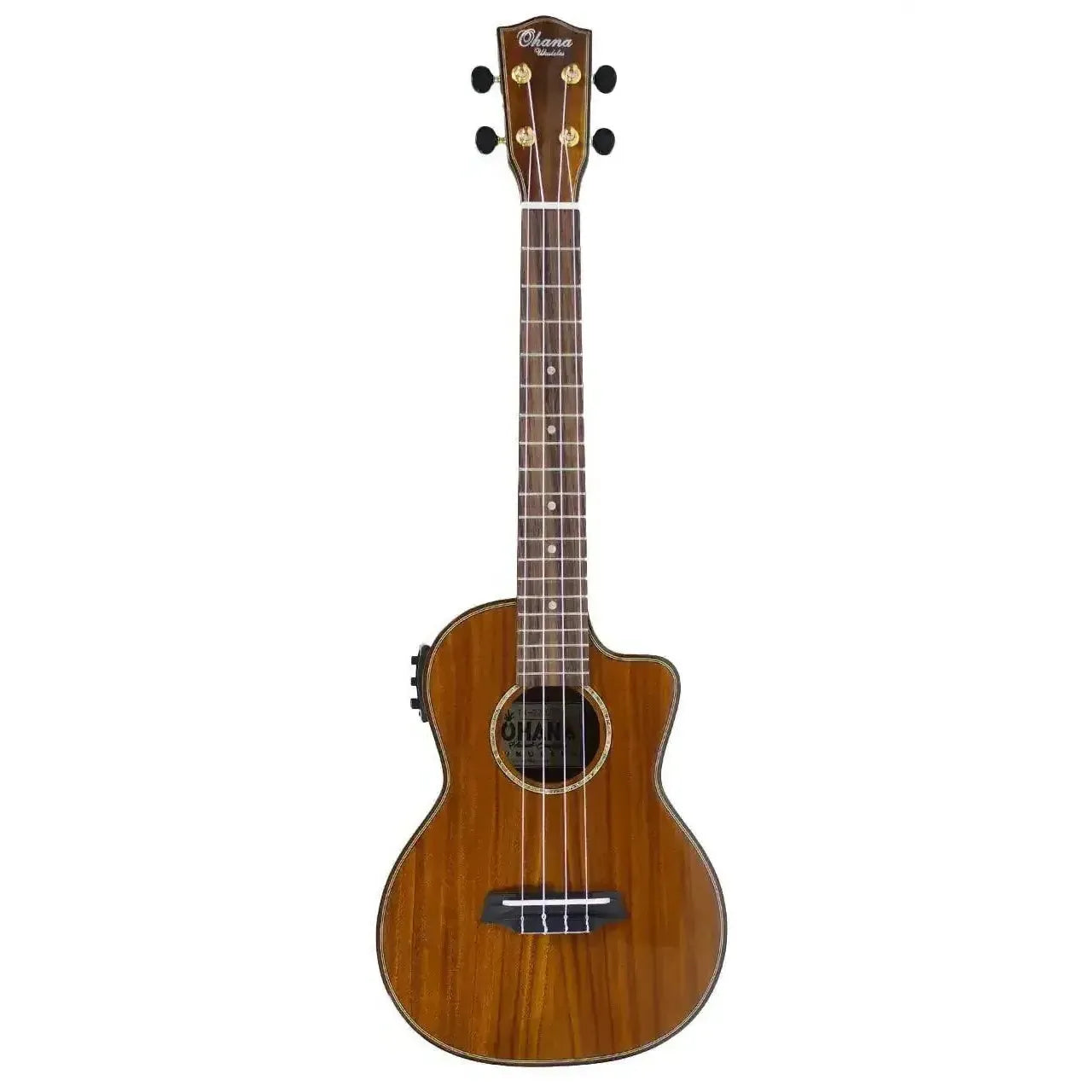 Ohana TK-270GCE solid acacia tenor ukulele with cutaway, gloss finish, and abalone rosette.