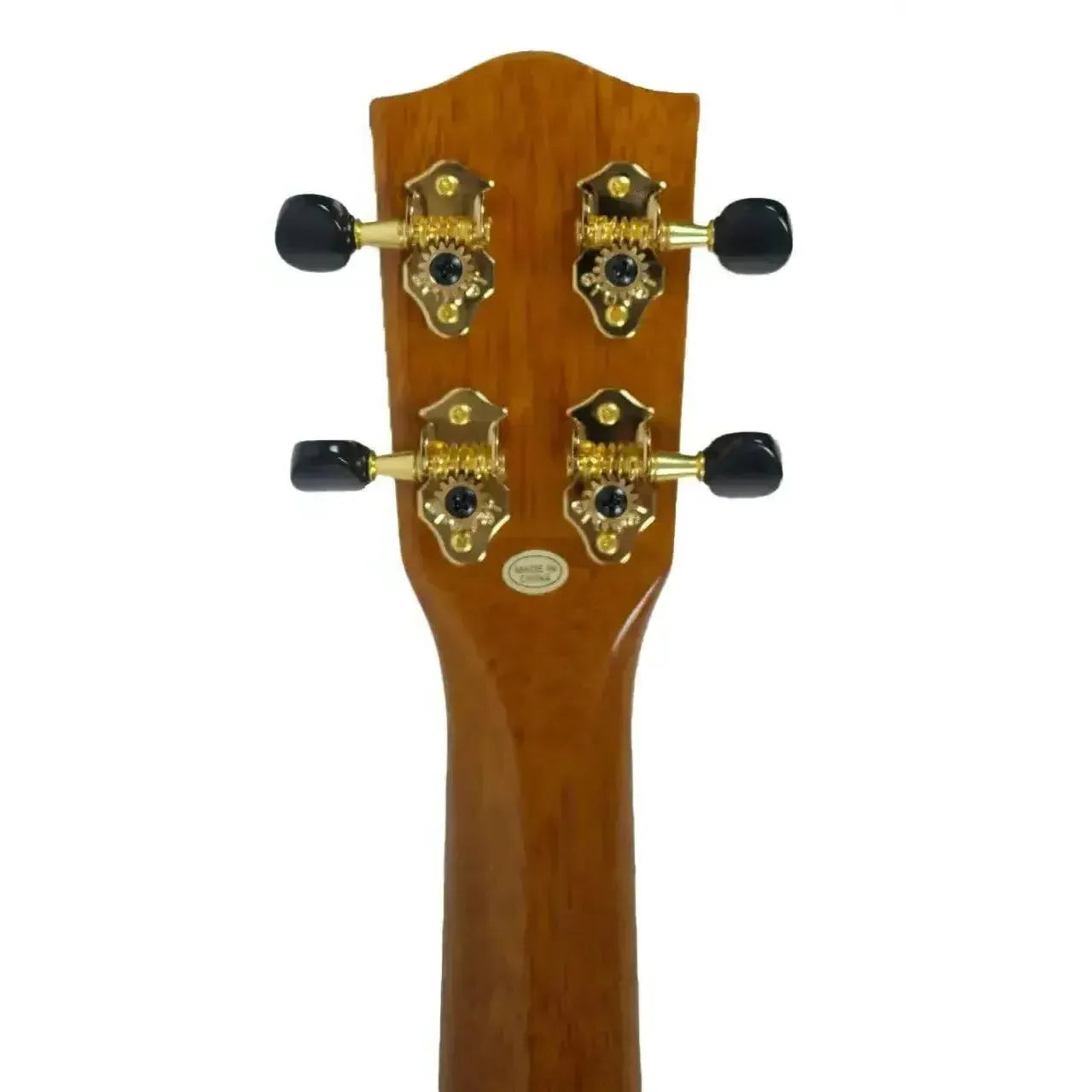 Ohana TK-270GCE tenor ukulele headstock with gold tuners and black knobs.