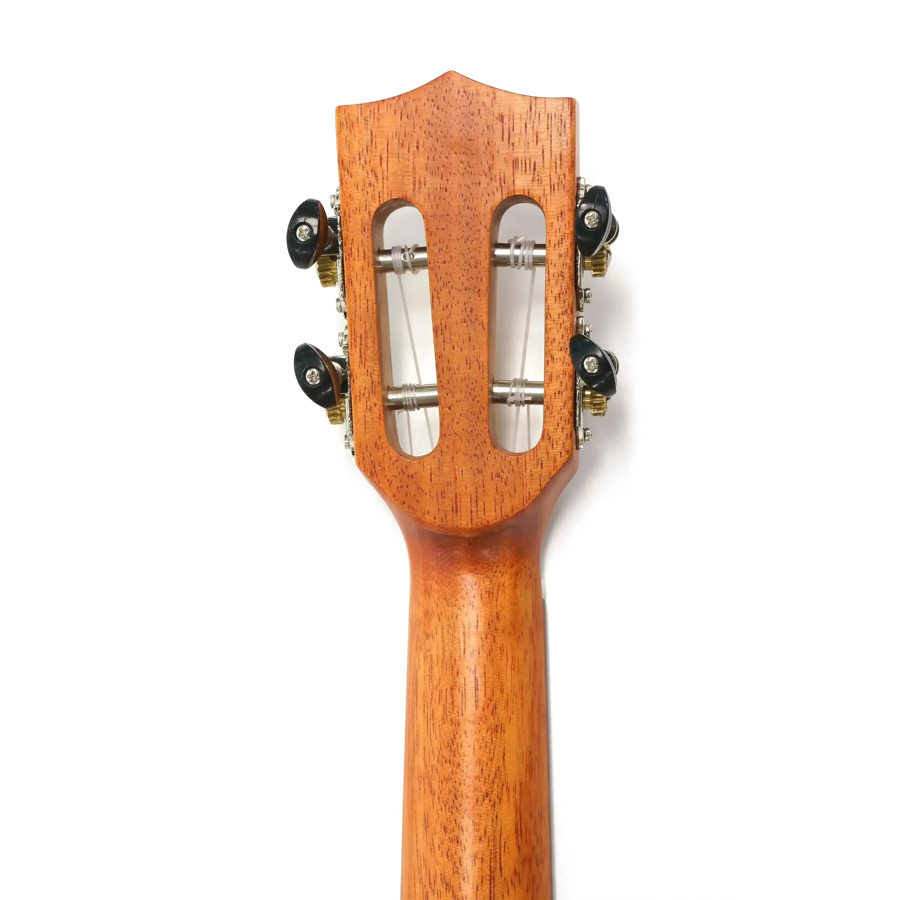 Ohana TK-32 tenor ukulele headstock and neck, solid mahogany with slotted headstock and black tuners.