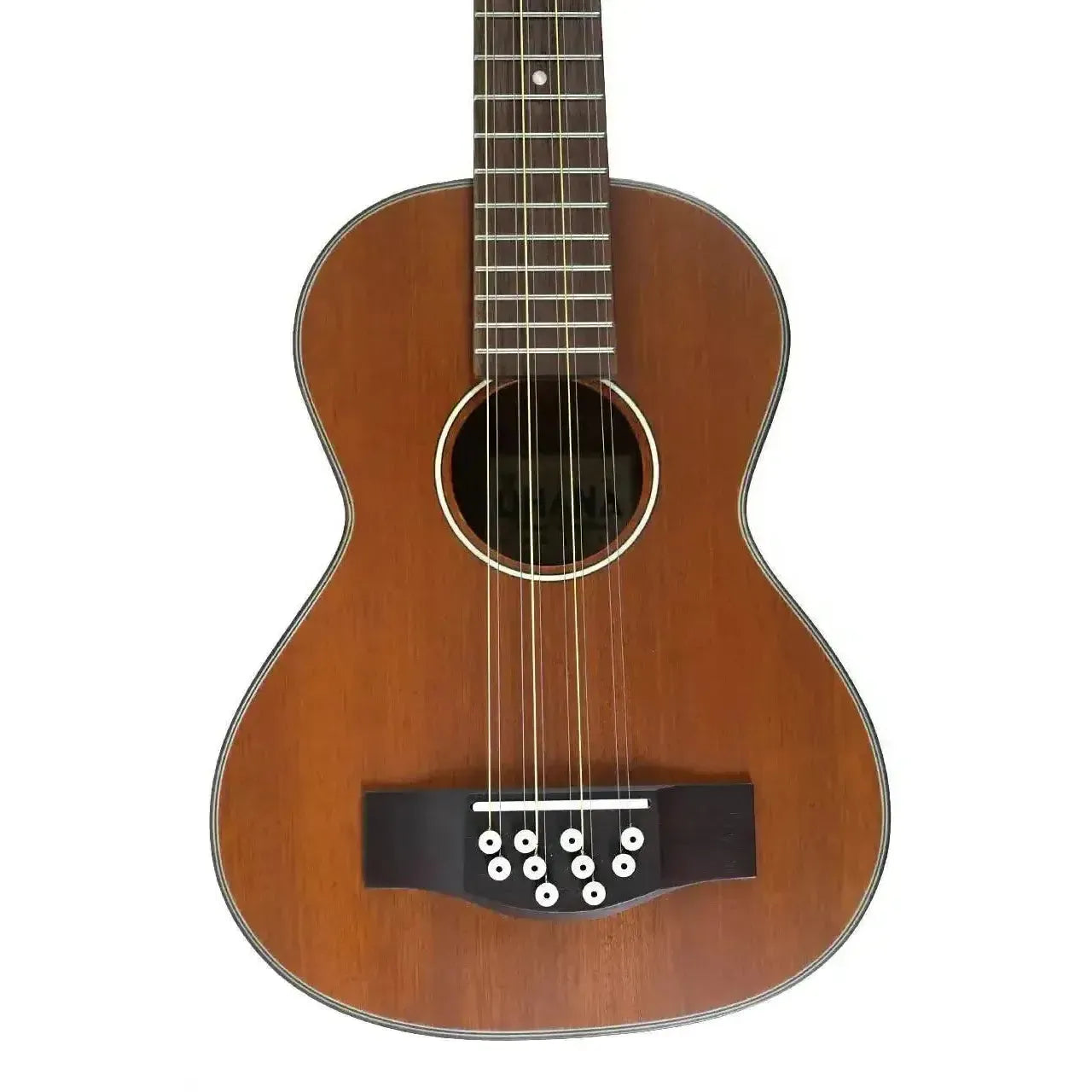 Ohana TK-35-10 Vintage Line solid mahogany "Tiple" tenor ukulele with 10 strings and black-and-white rosette.