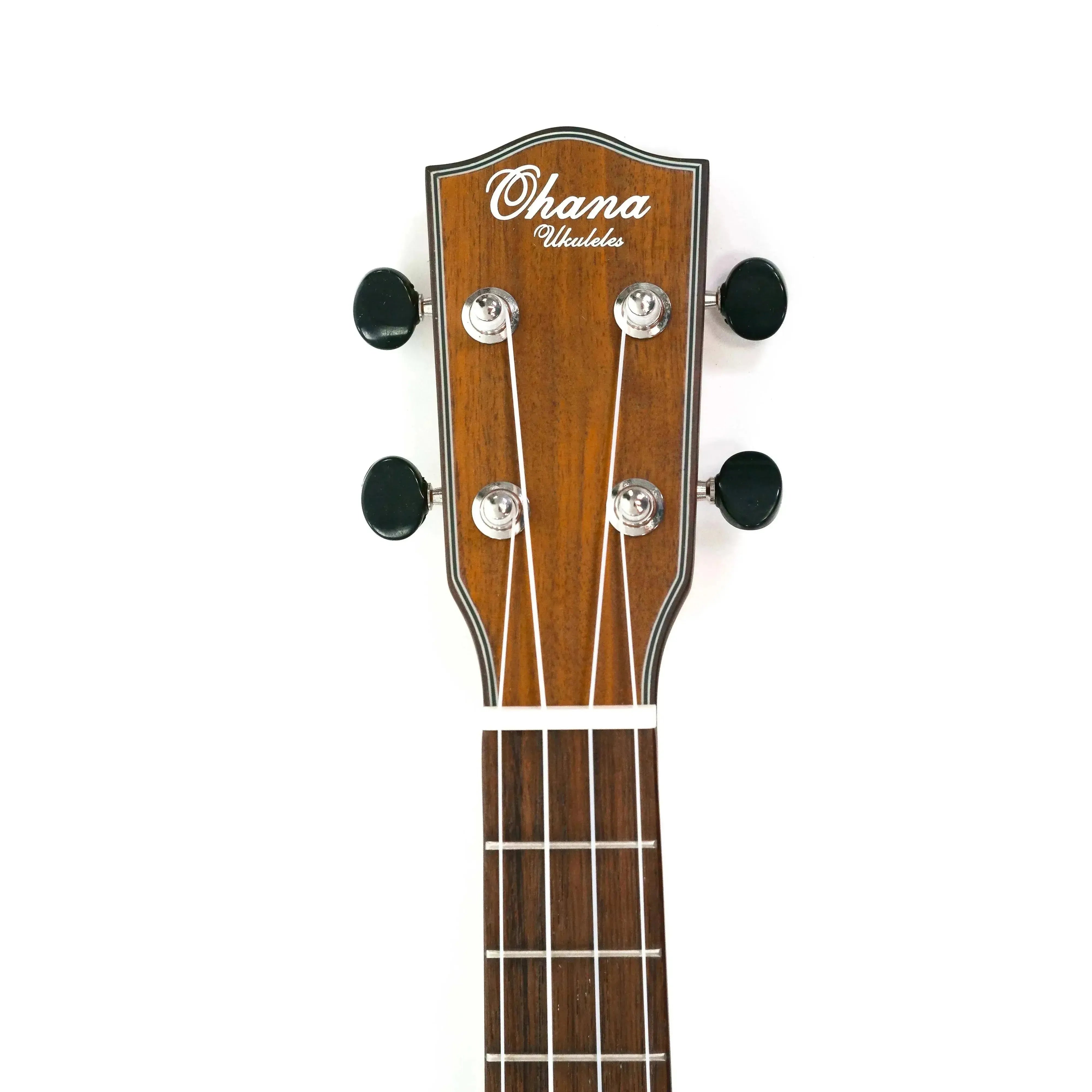 Ohana Tenor Ukulele headstock with solid mahogany, Grover chrome tuners, and white logo.