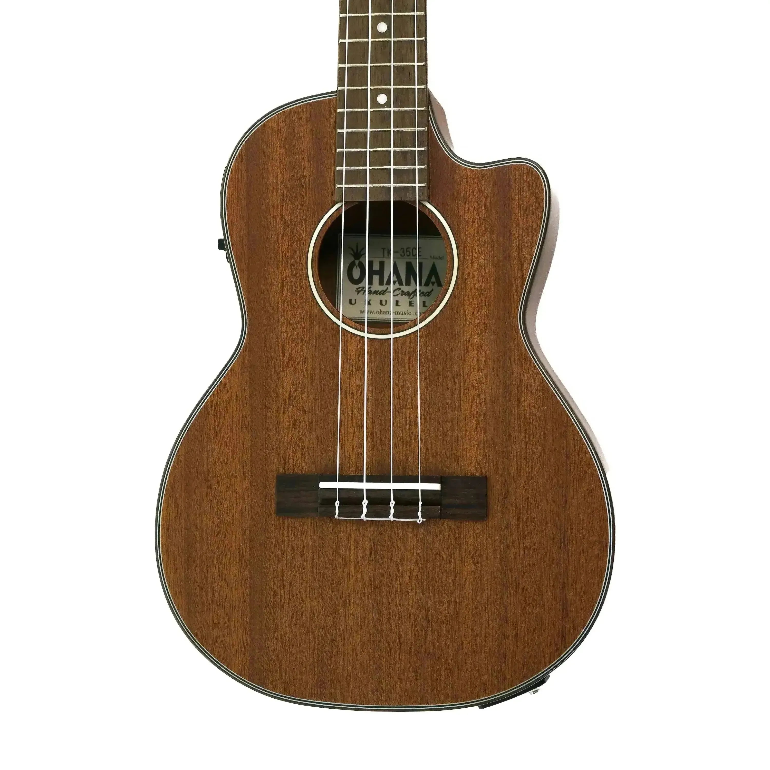Ohana TK-35CE solid mahogany tenor ukulele with cutaway, satin finish, and black and white rosette.