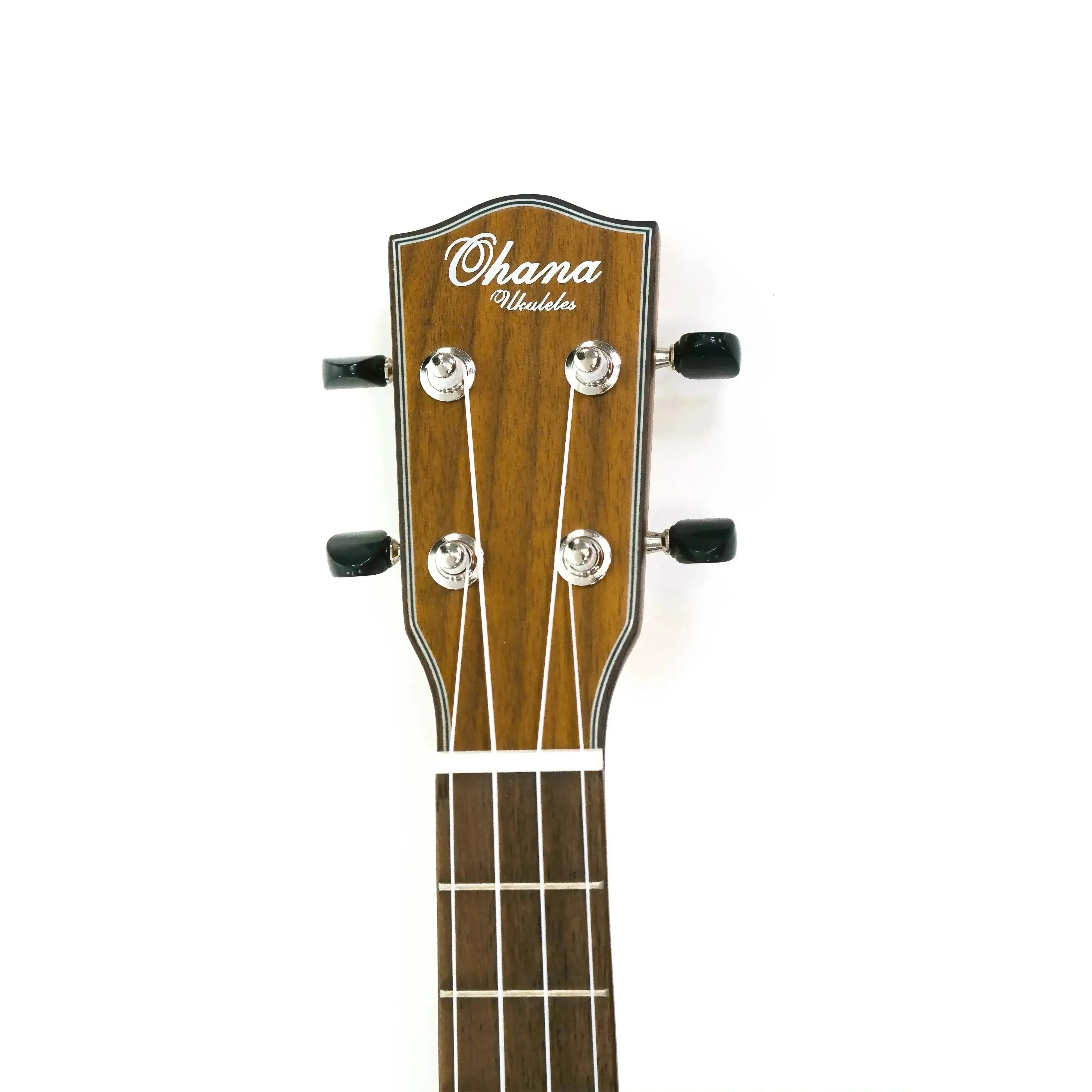 Ohana TK-35CE tenor ukulele headstock with solid mahogany, Grover chrome tuners, and black buttons.
