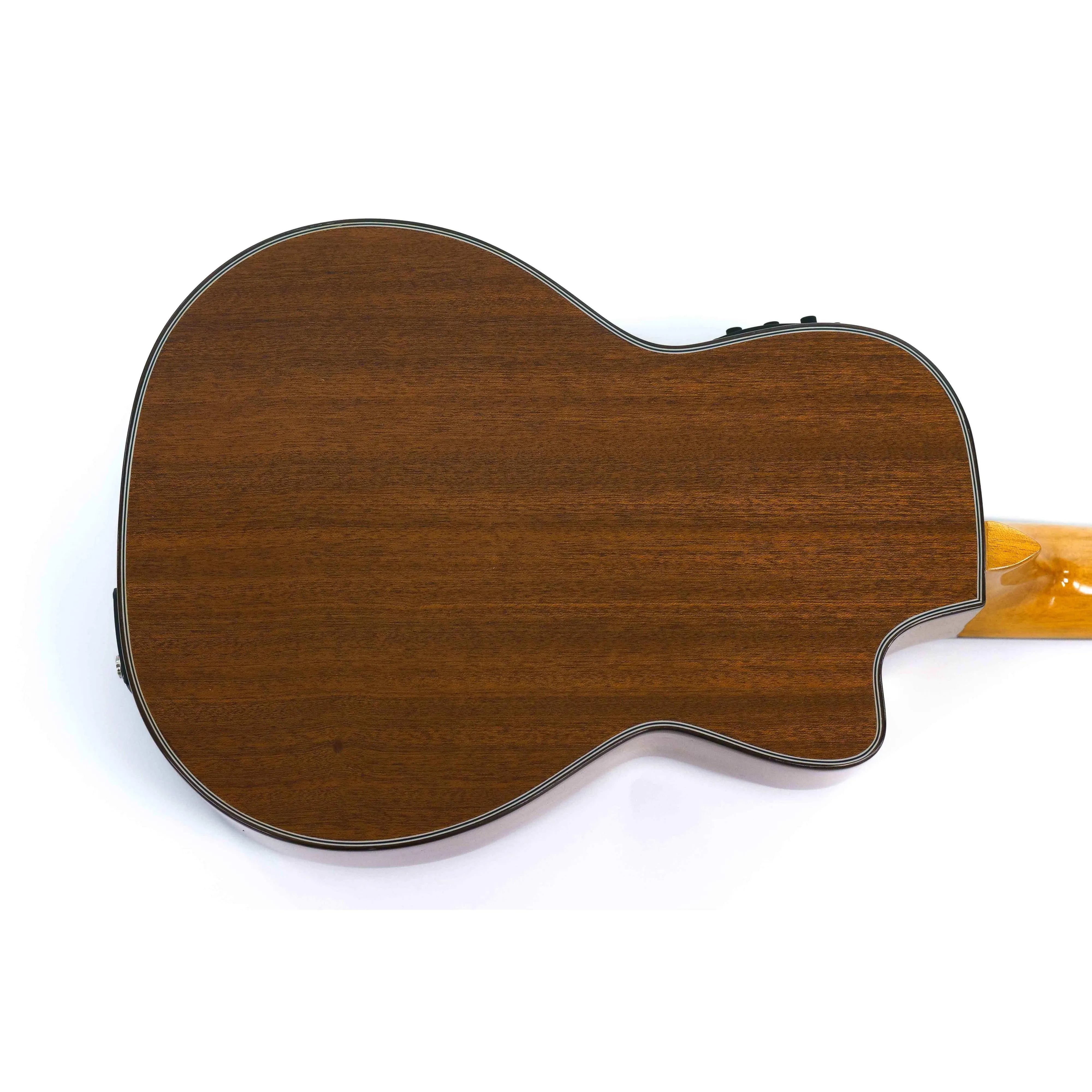 Back of an Ohana TK-35GCE-LH left-handed tenor ukulele, showing its solid mahogany wood grain and cutaway.