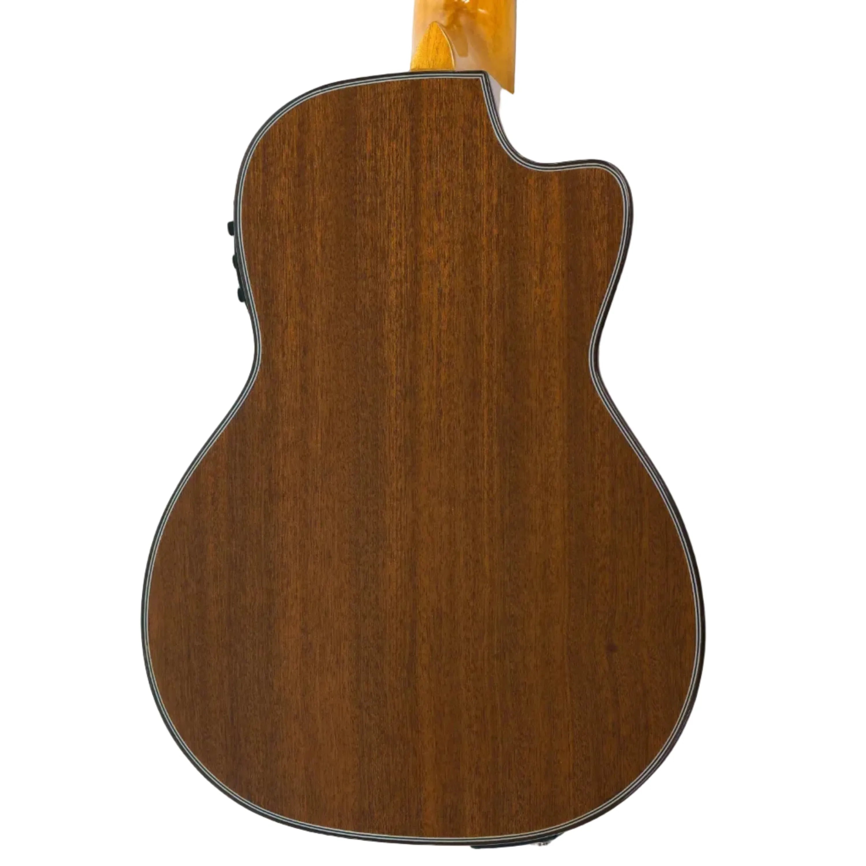 Back of a left-handed Ohana TK-35GCE tenor ukulele, showing its dark brown solid mahogany wood grain.