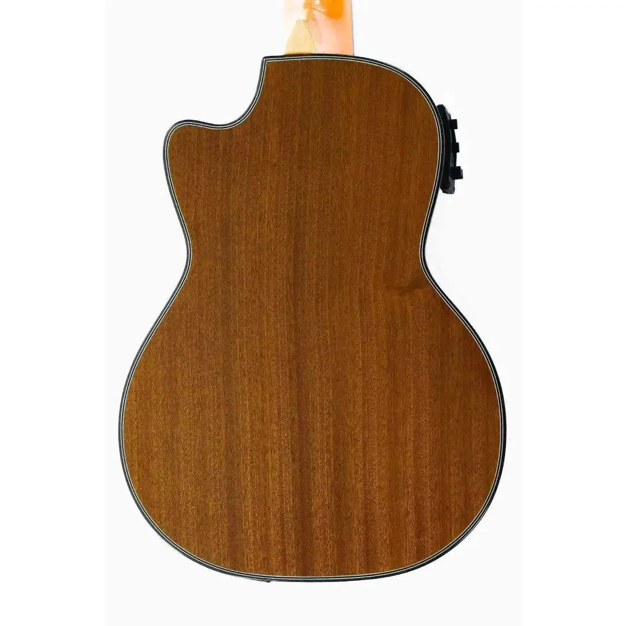 Back of an Ohana TK-35GCE tenor ukulele, solid mahogany with a glossy finish and cutaway.